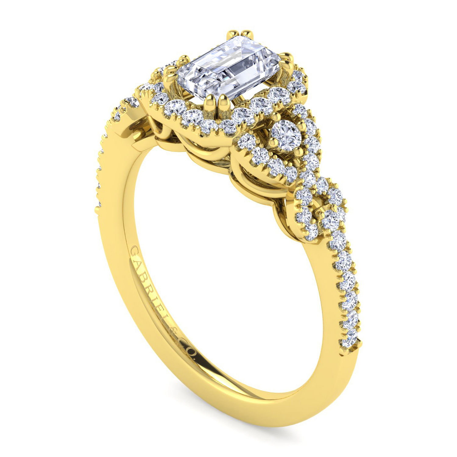 14K Yellow Gold Three Stone Halo Emerald Cut Diamond Engagement Ring
