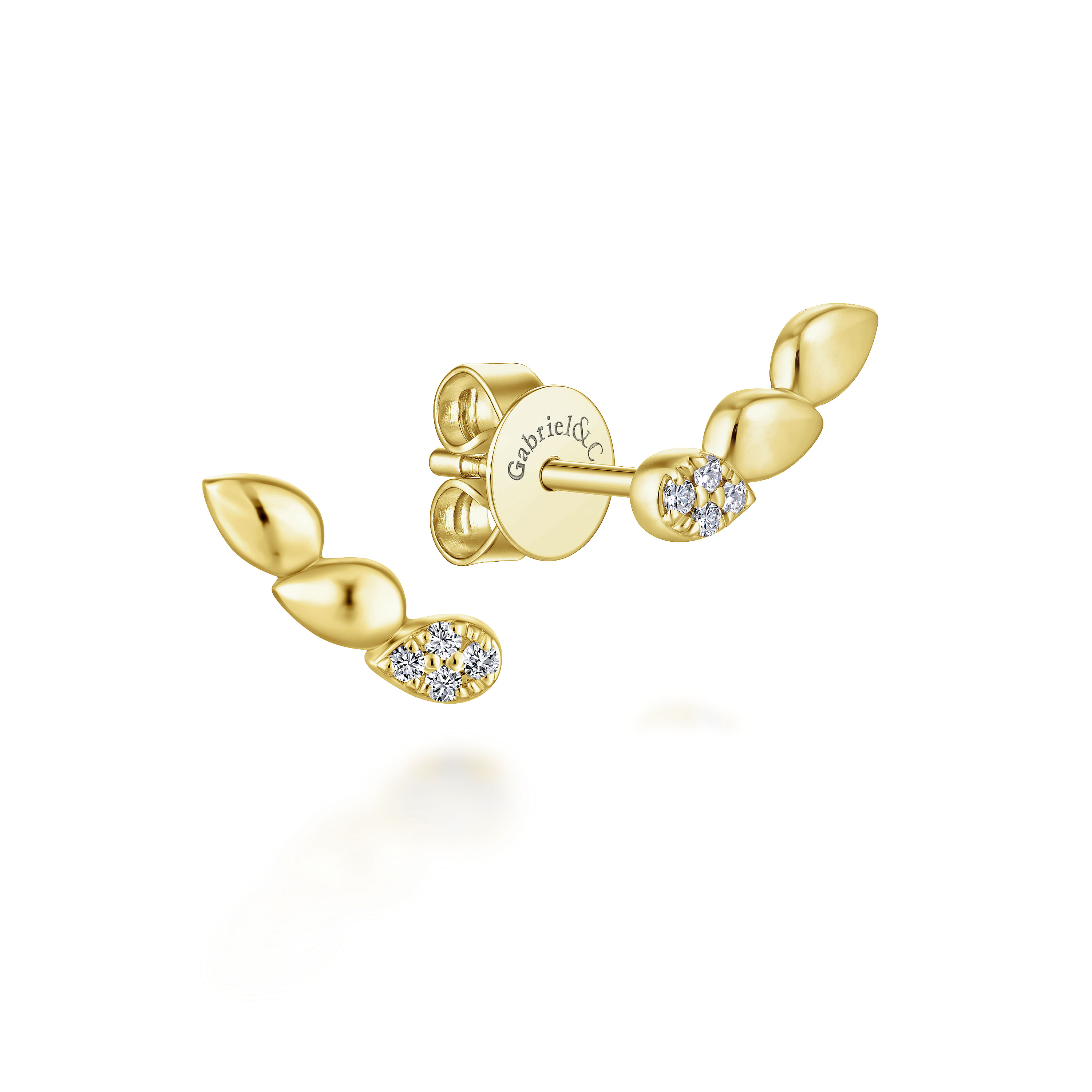 14K Yellow Gold Triple Teardrop Station Curved Stud Diamond Earrings