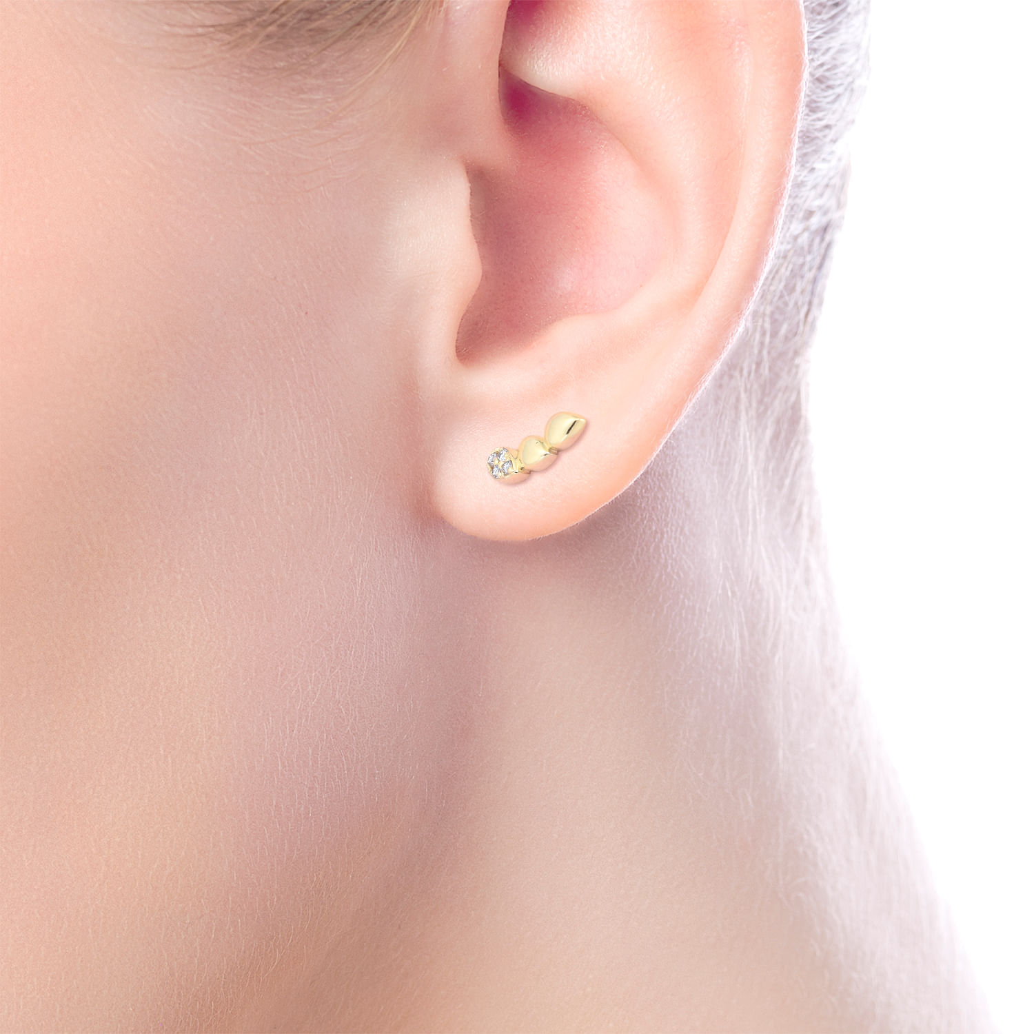 14K Yellow Gold Triple Teardrop Station Curved Stud Diamond Earrings