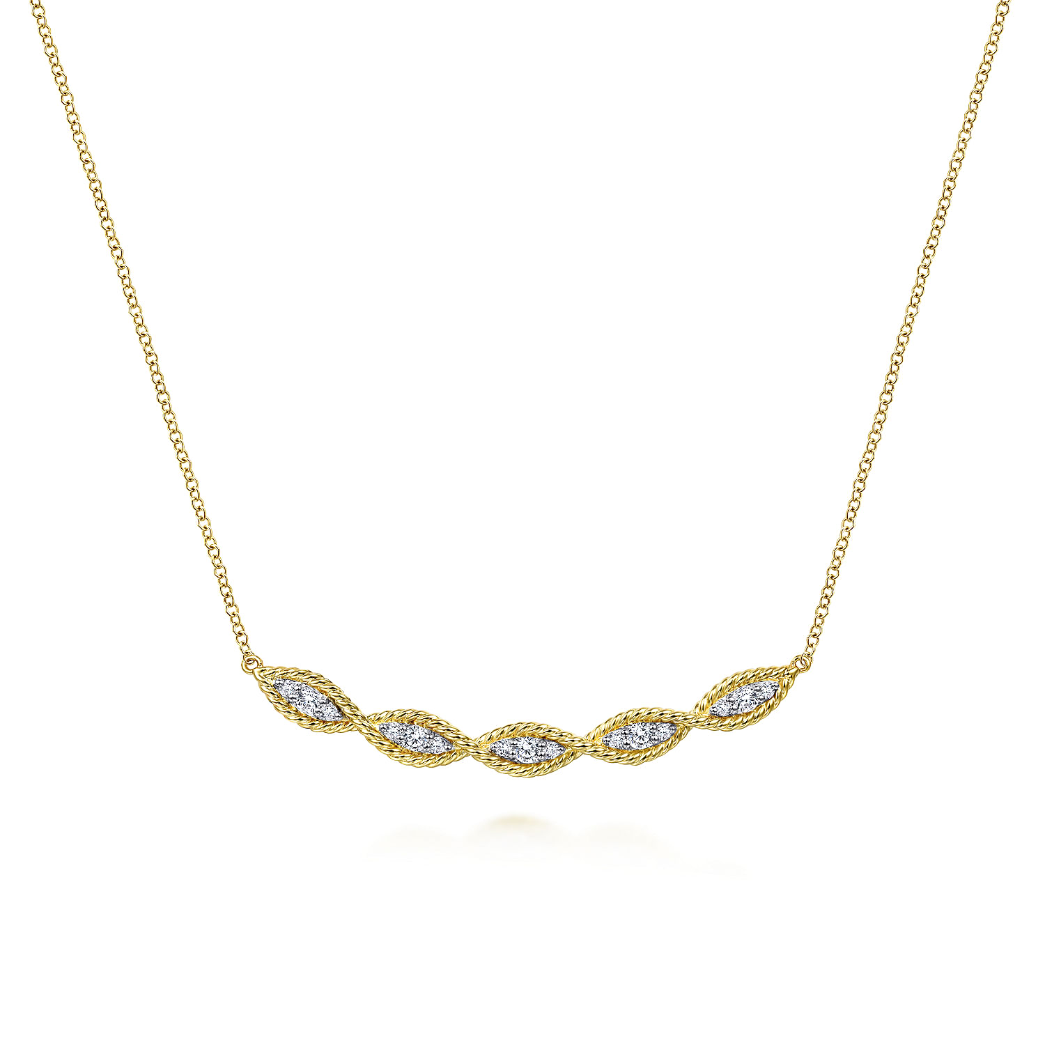 14K Yellow Gold Twisted Rope Curved Diamond Bar Necklace