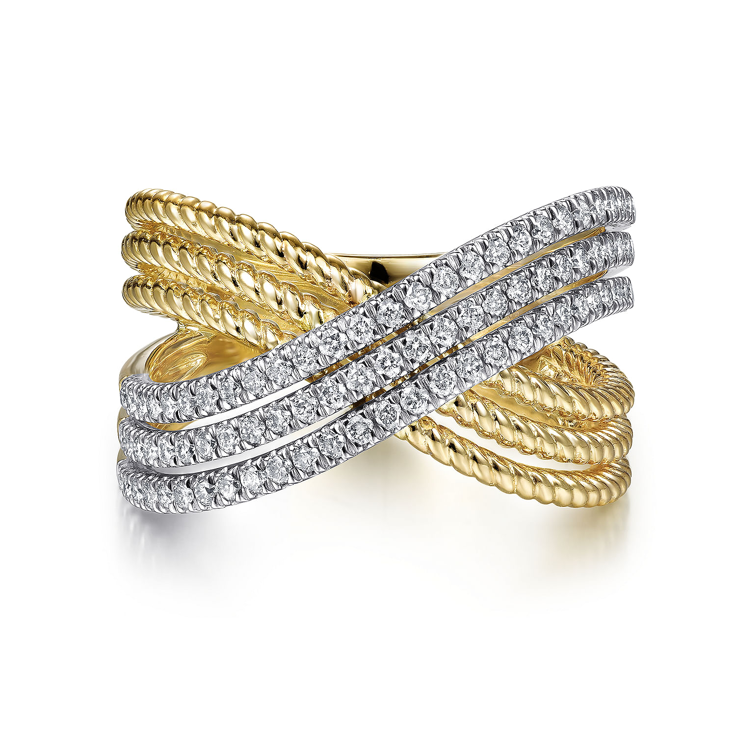 14K Yellow Gold Twisted Rope and Diamond Criss Cross Ring