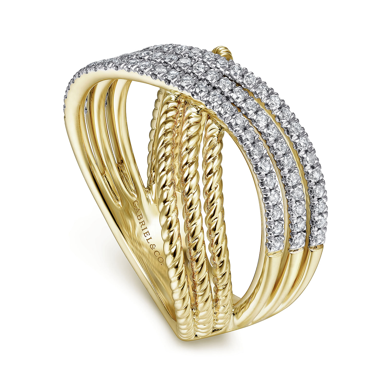 14K Yellow Gold Twisted Rope and Diamond Criss Cross Ring
