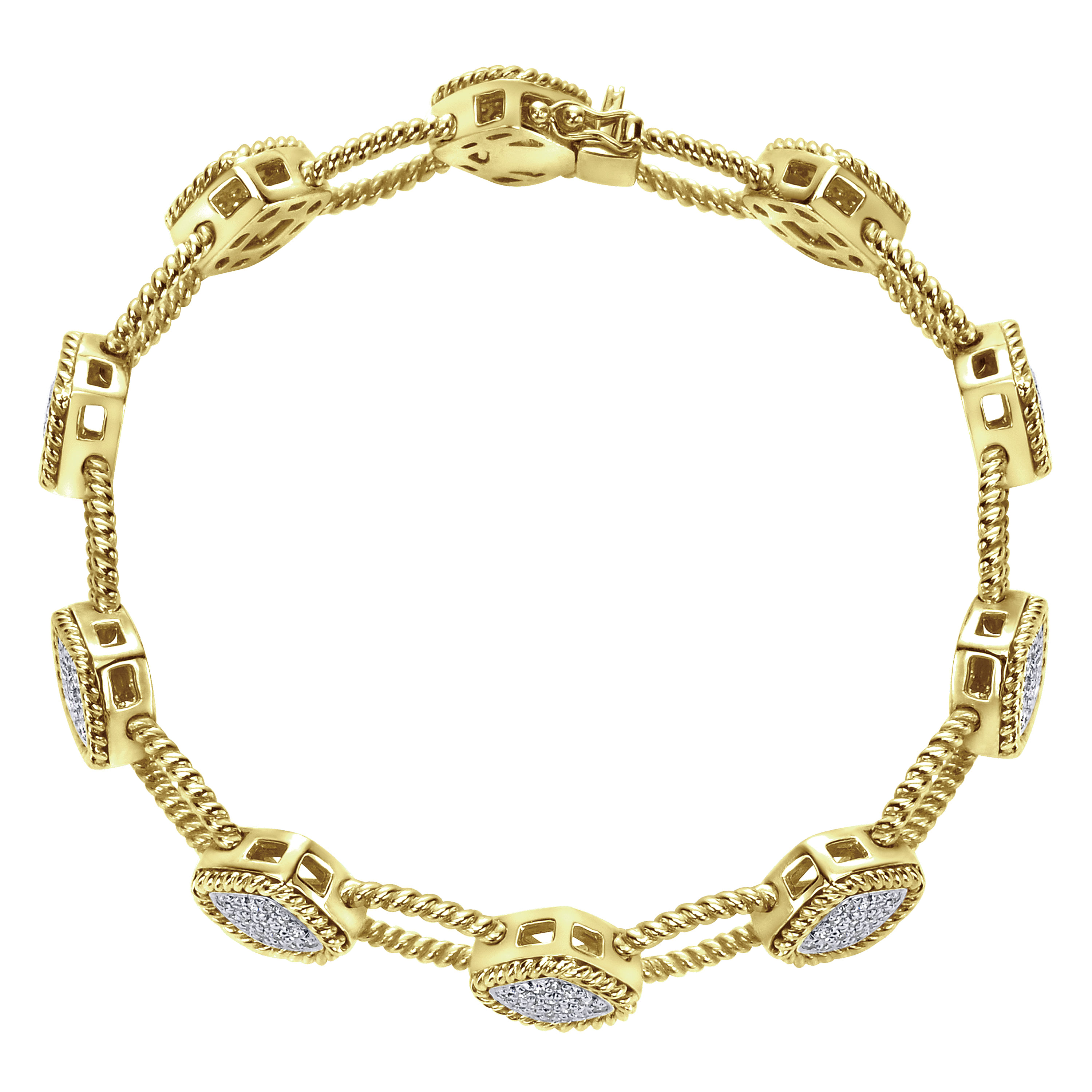 14K Yellow Gold Twisted Rope and Pavé Diamond Station Tennis Bracelet 