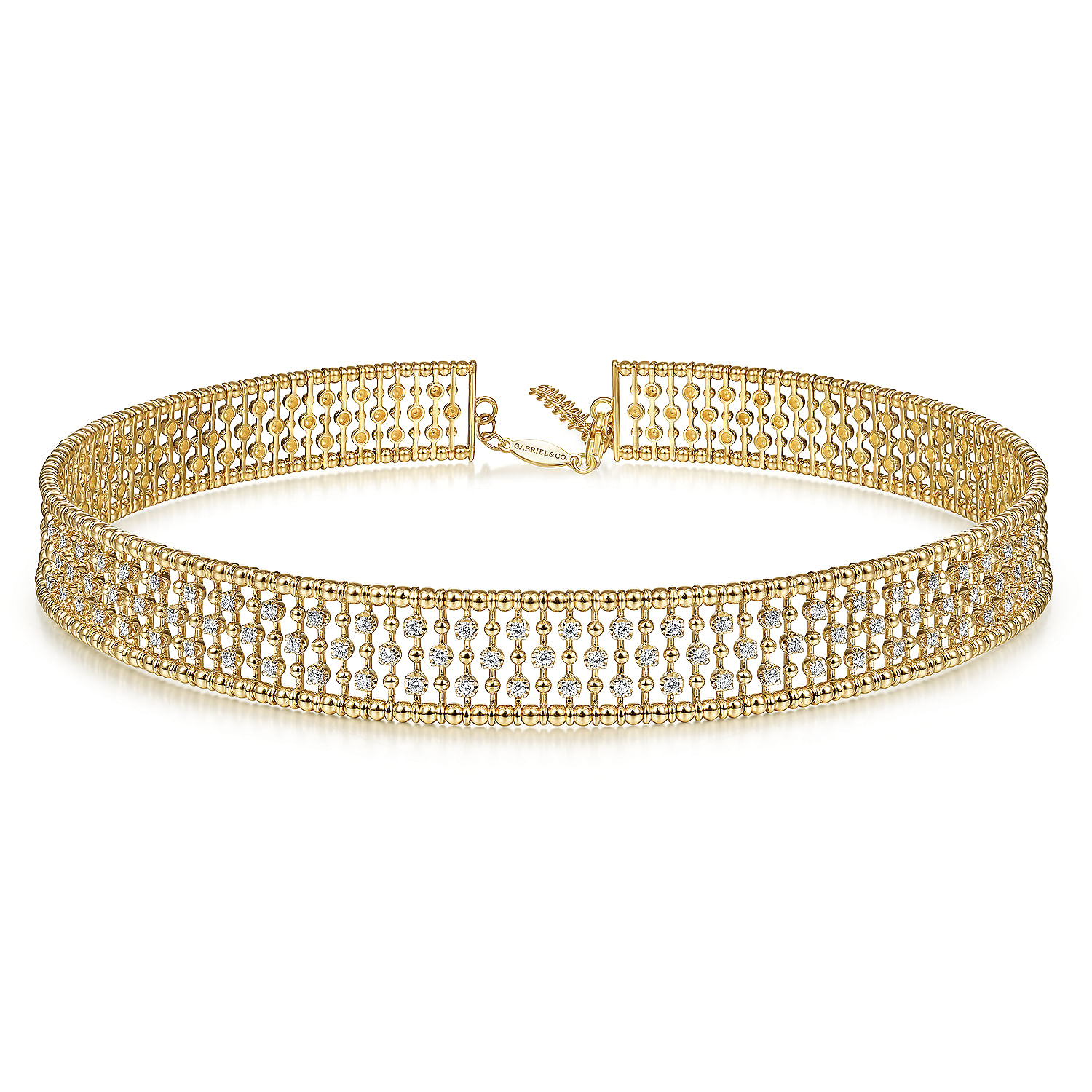 14K Yellow Gold Wide Diamond Station Choker Necklace with Bujukan Beads