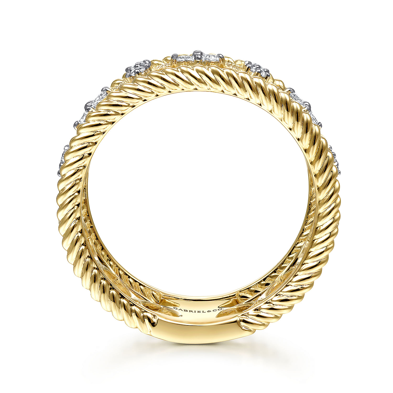 14K Yellow Gold Wide Open Work Diamond Ring with Twisted Rope Edge