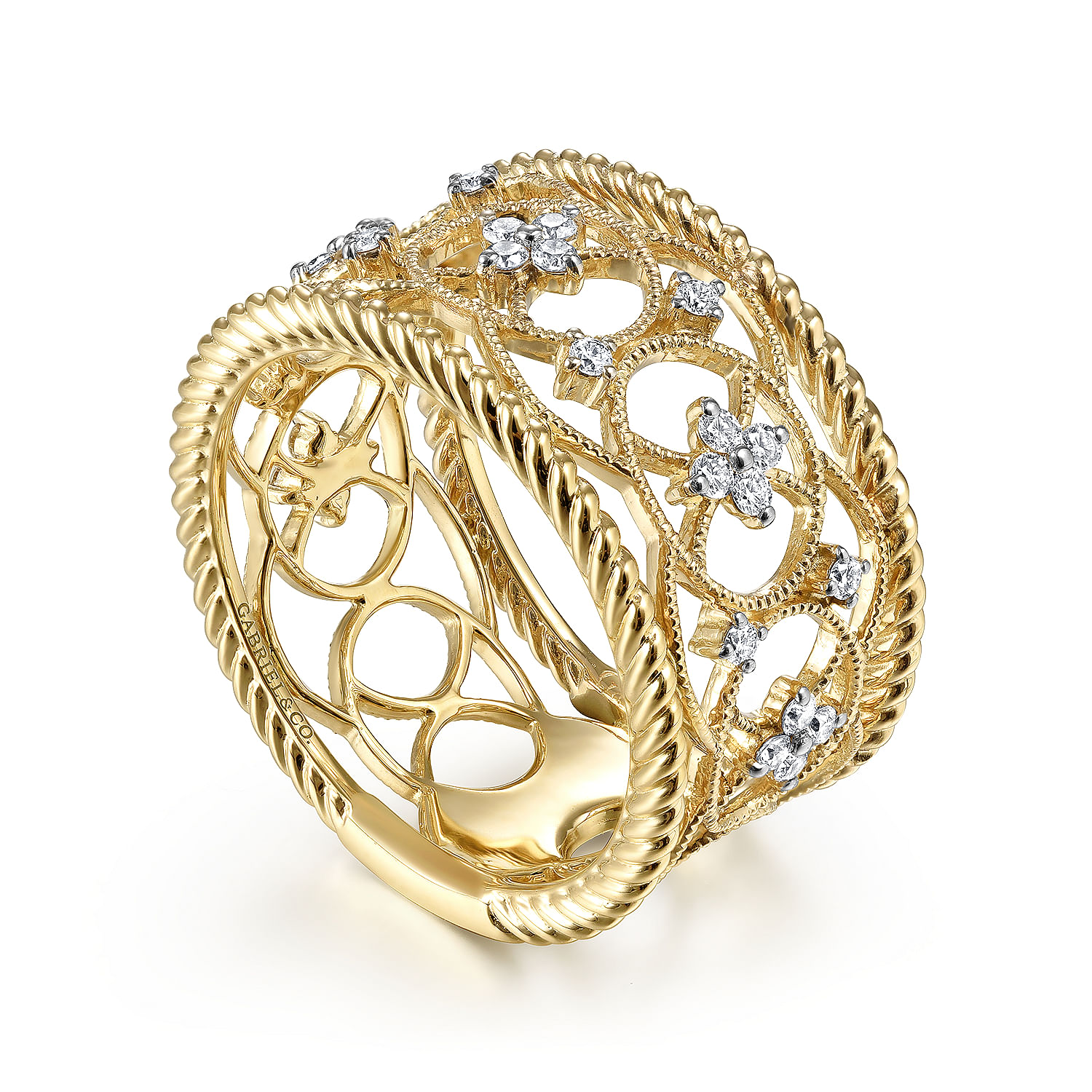 14K Yellow Gold Wide Open Work Diamond Ring with Twisted Rope Edge