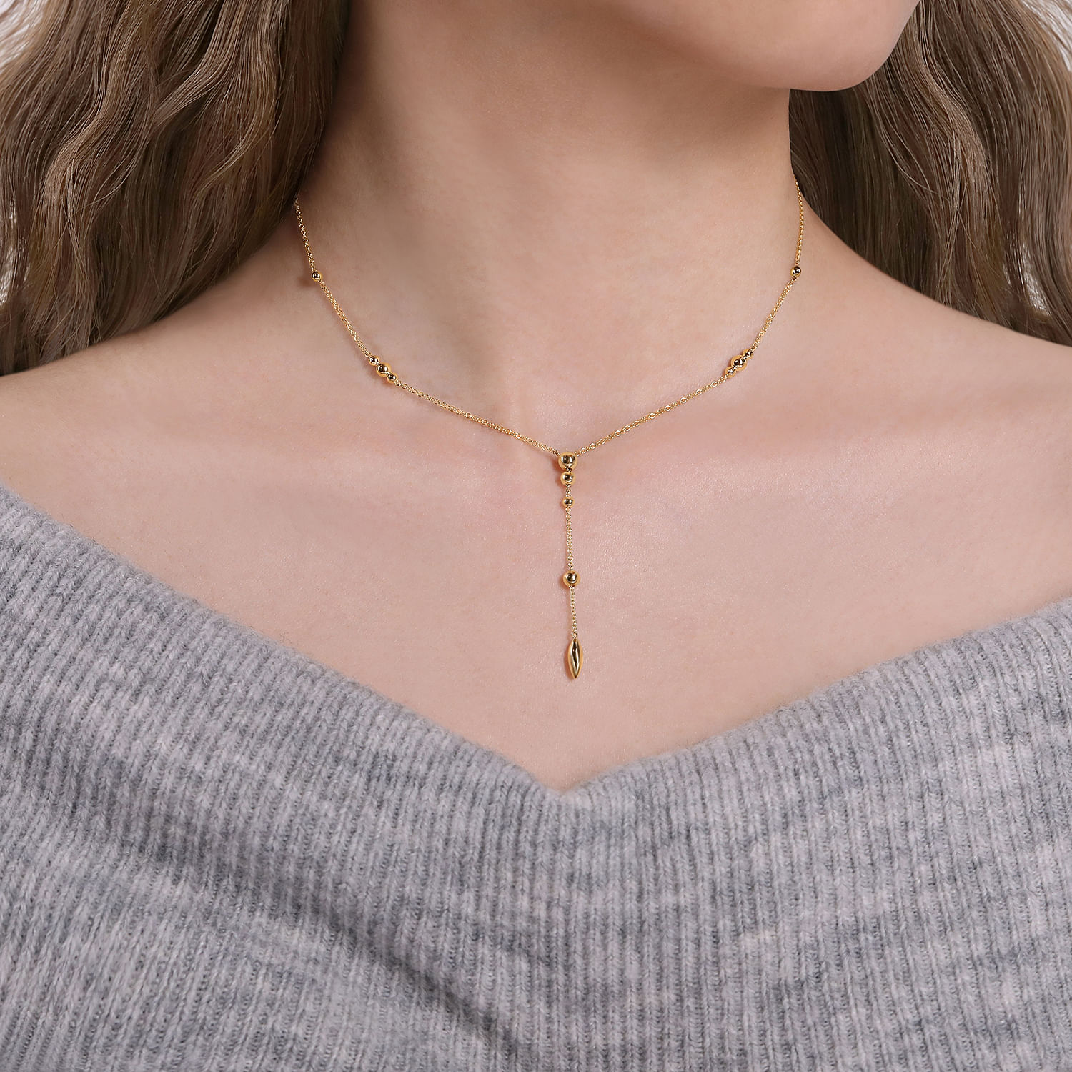 14K Yellow Gold Y Necklace with Bujukan Bead Stations