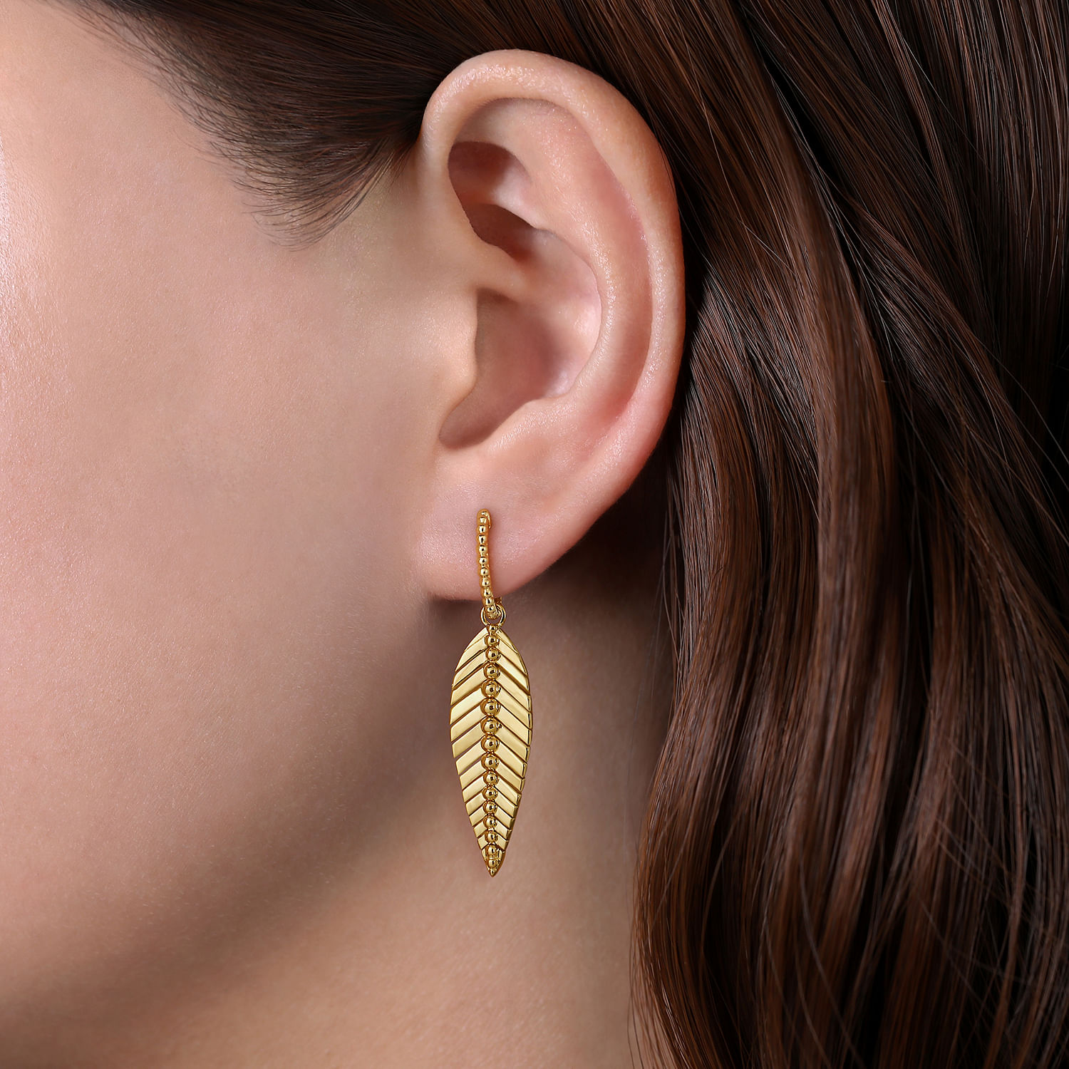 14K Yellow Plain Gold Huggie Drop Leaf Earrings