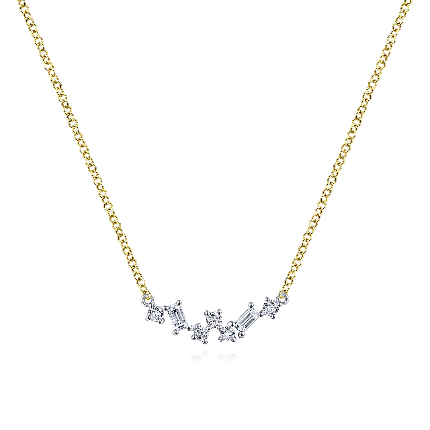 14K Yellow-White Gold Baguette and Round Diamond Zig Zag Necklace