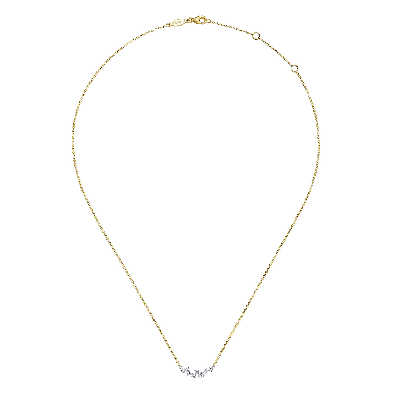 14K Yellow-White Gold Baguette and Round Diamond Zig Zag Necklace