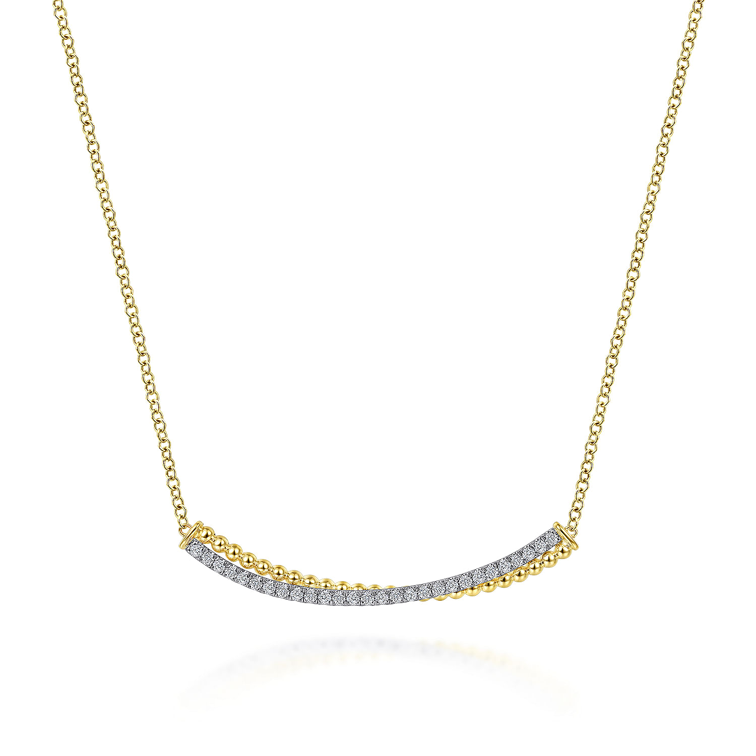 14K Yellow-White Gold Bujukan Bead and Diamond Pavé Curved Bar Necklace