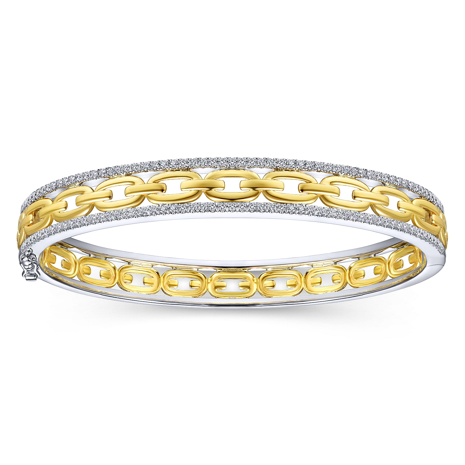 14K Yellow-White Gold Chain Link Bangle with Diamond Frame