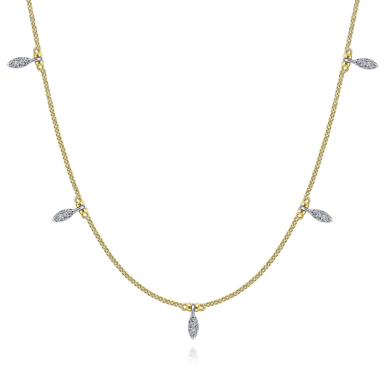 14K Yellow-White Gold Chain Necklace with Diamond Pavé Leaf Drops