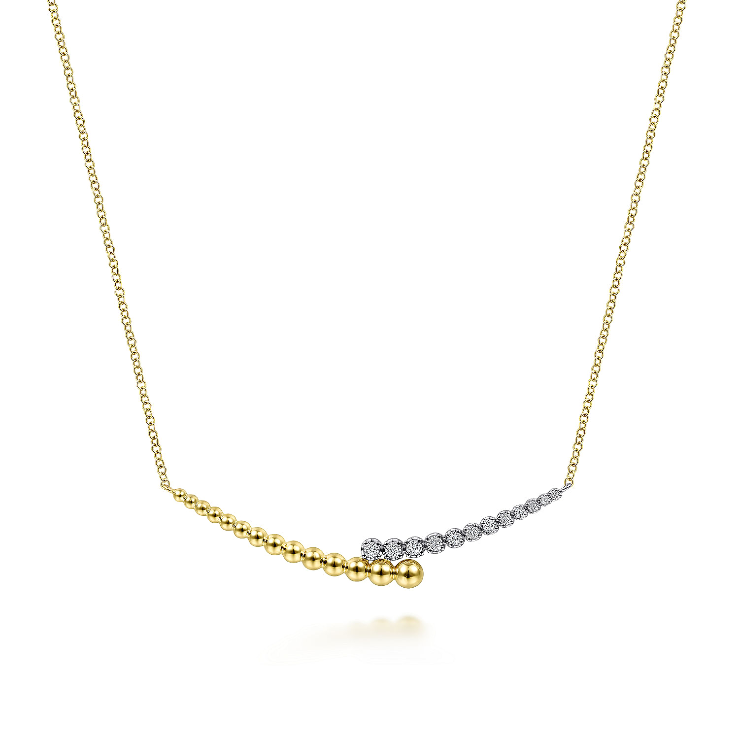 14K Yellow-White Gold Diamond By-Pass and Bujukan Bead Curved Bar Necklace with Butter Cup Setting in size 17.5 inch