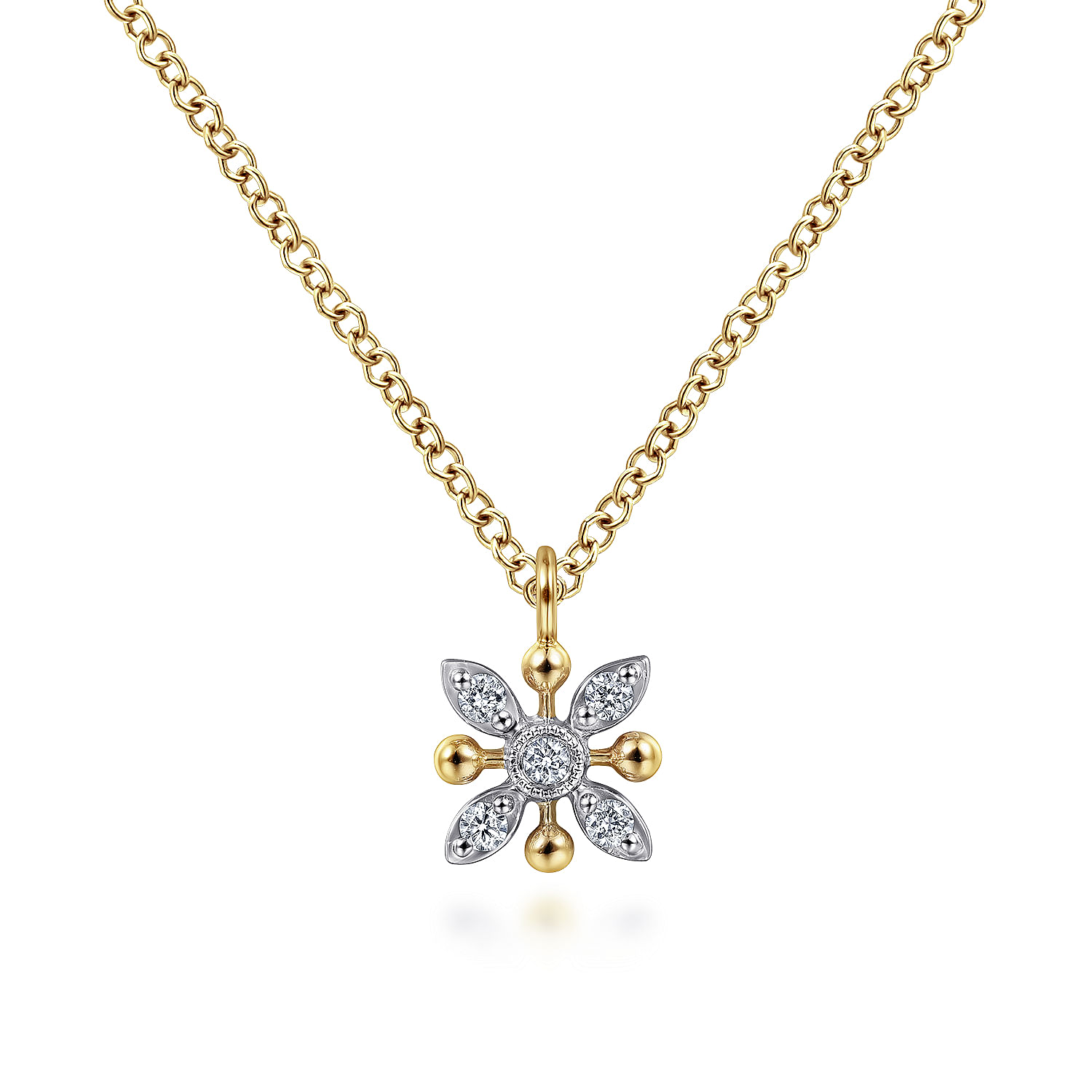 14K Yellow-White Gold Floral Diamond Pendant Necklace with Bujukan Beads