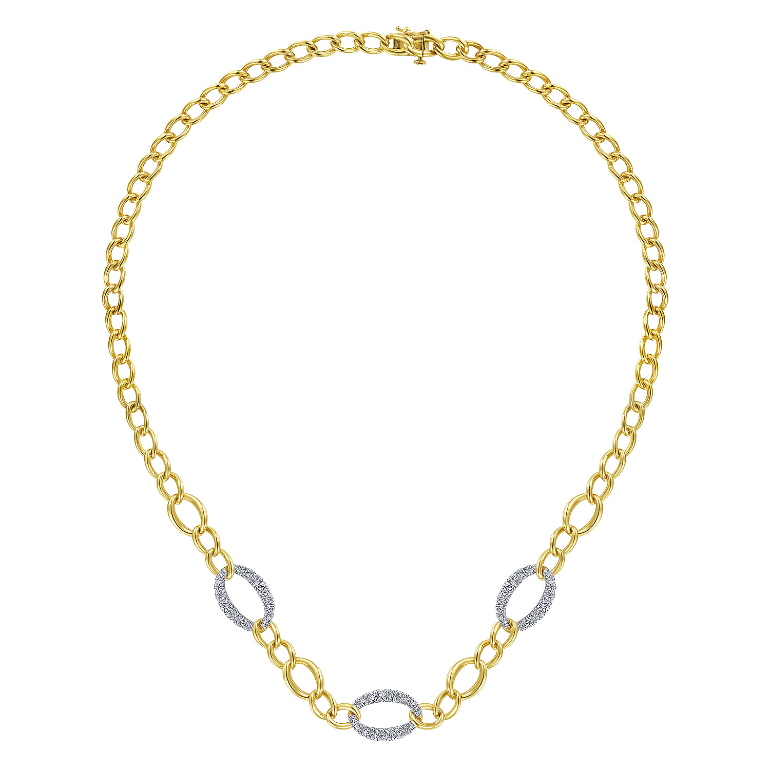 14K Yellow-White Gold Oval Chain Link Necklace with Diamond Pavé