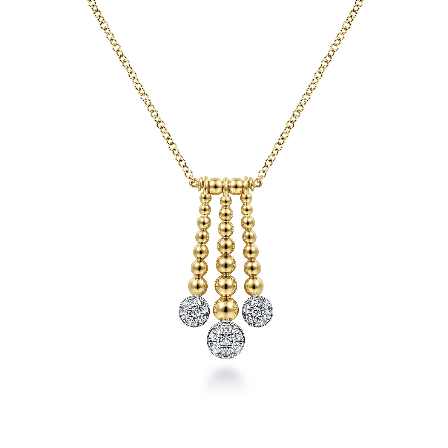 14K Yellow-White Gold Triple Bujukan Bar Pendant Necklace with Diamond Pavé Discs