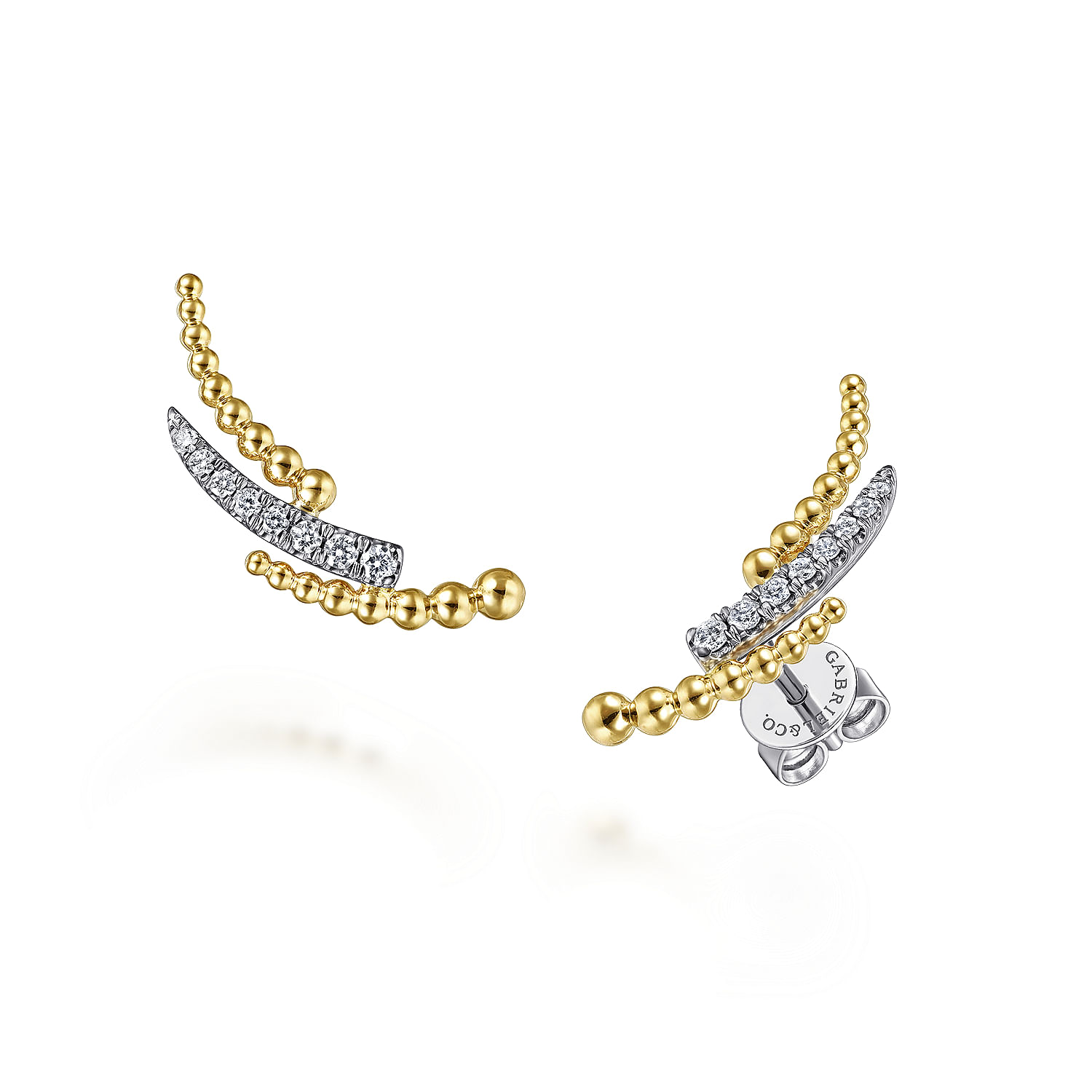 14K Yellow-White Gold Triple Split Curved Bar Bujukan Diamond Stud Earrings
