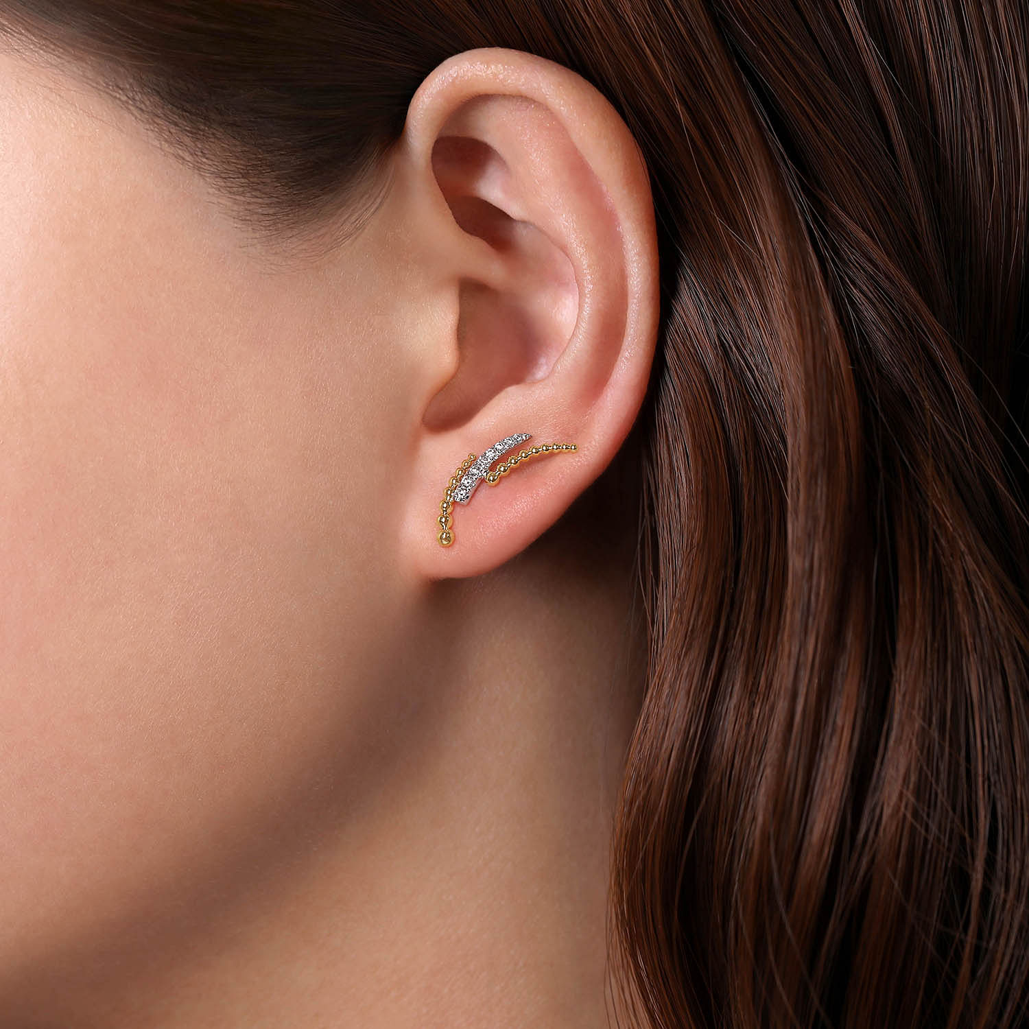 14K Yellow-White Gold Triple Split Curved Bar Bujukan Diamond Stud Earrings