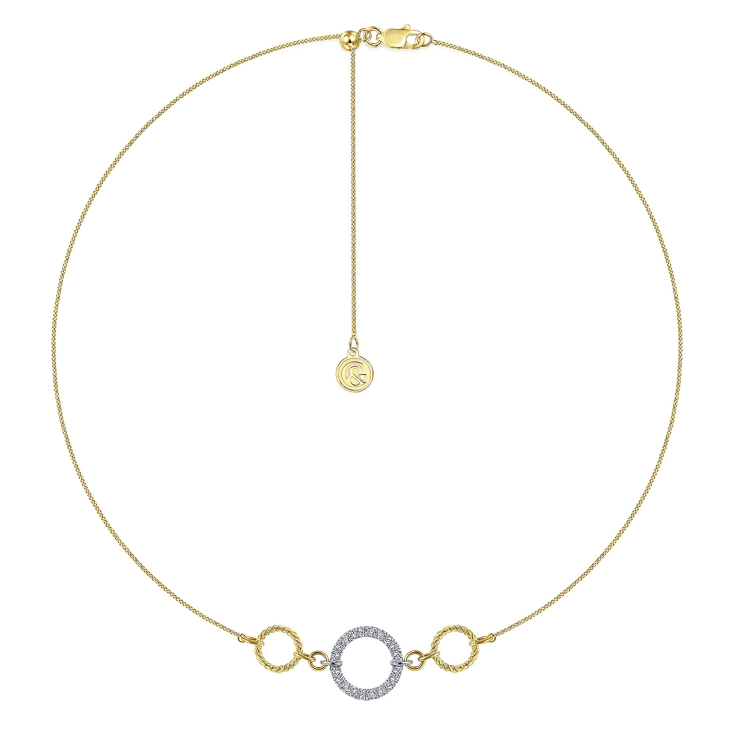 14K Yellow-White Gold Twisted Rope and Pavé Diamond Circle Necklace