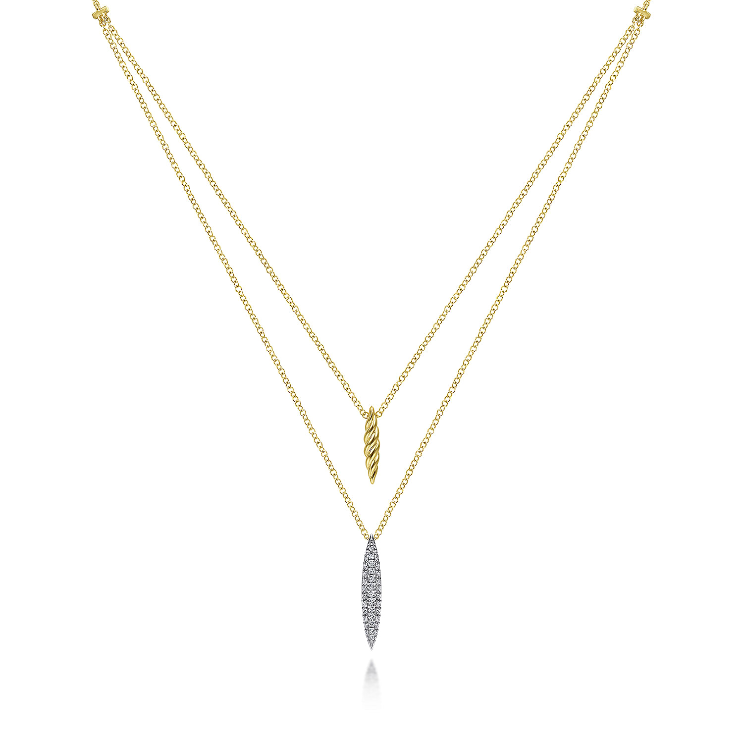 14K Yellow-White Gold Two Strand Necklace with Twisted Rope and Pavé Diamond Spike