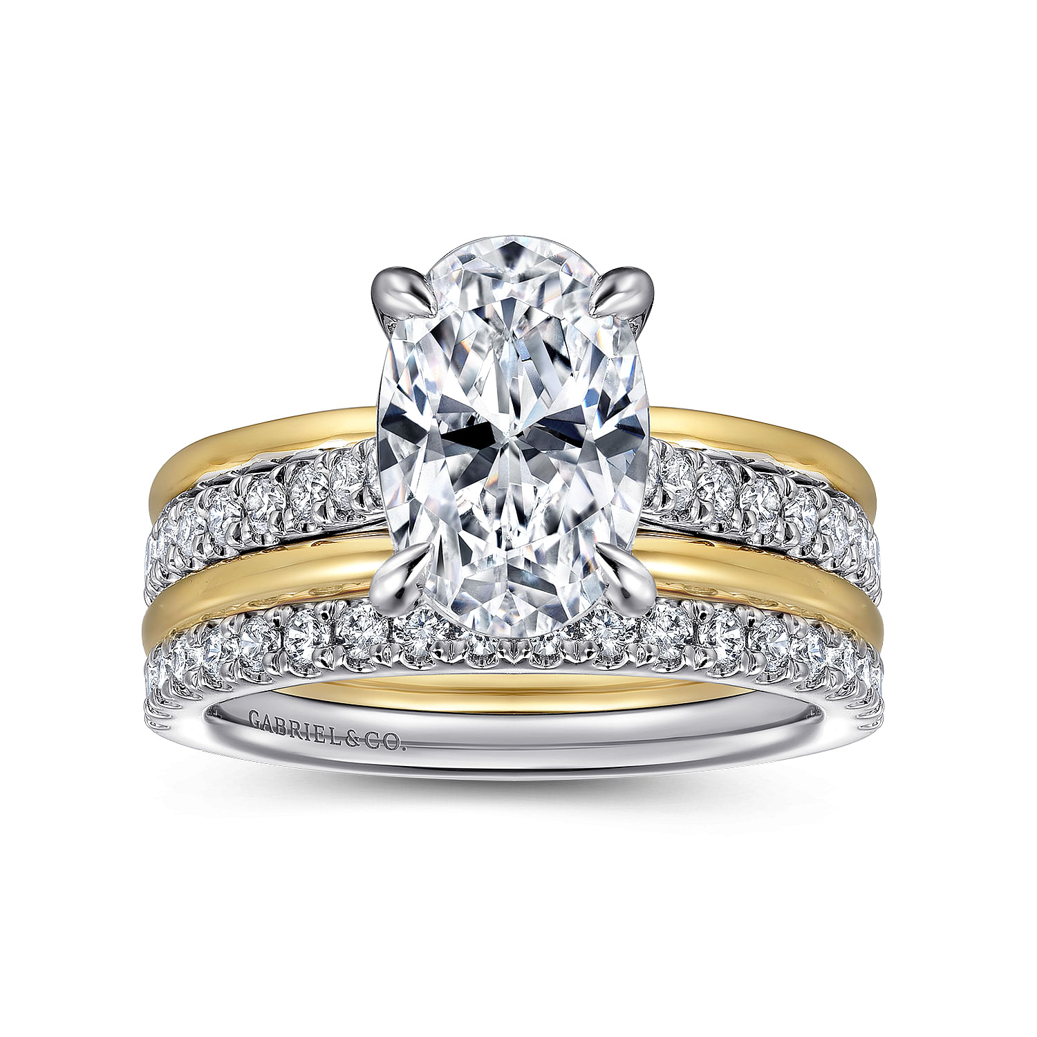 14K Yellow-White Gold Wide Band Oval Diamond Engagement Ring