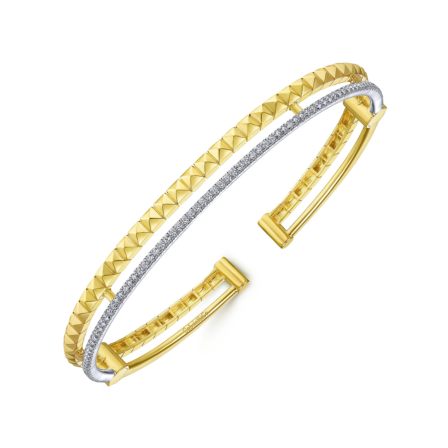 14K Yellow and White Gold Split Cuff with Pyramids and Diamonds