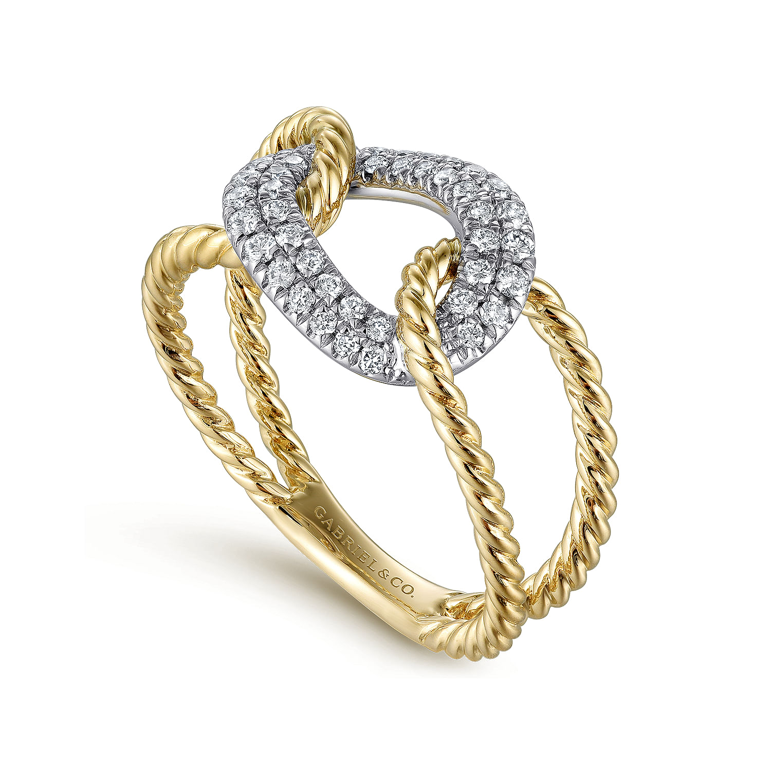 14K Yellow and White Gold Twisted Rope Link Ring with Diamond Pavé Station