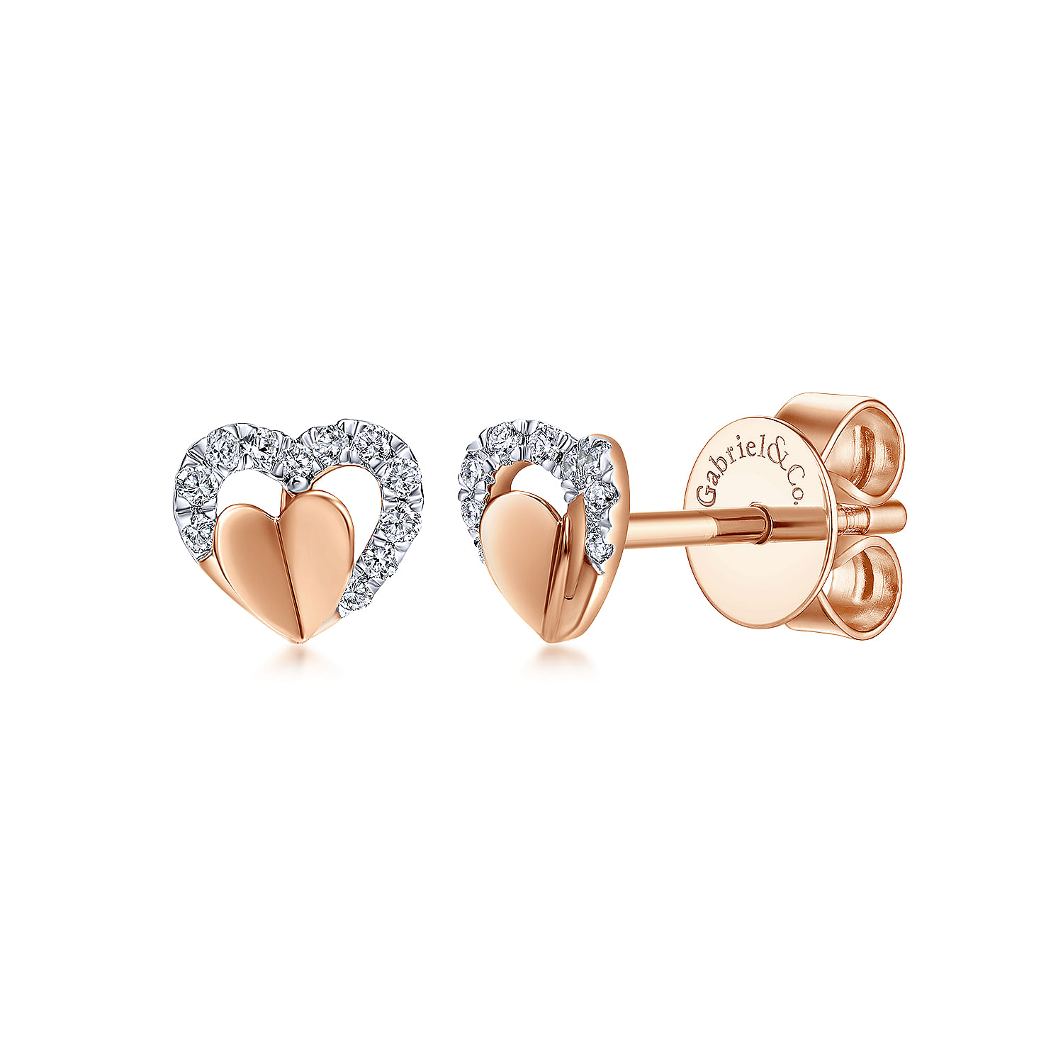 14k Rose Gold Open Heart Layered Diamond Stud Earrings