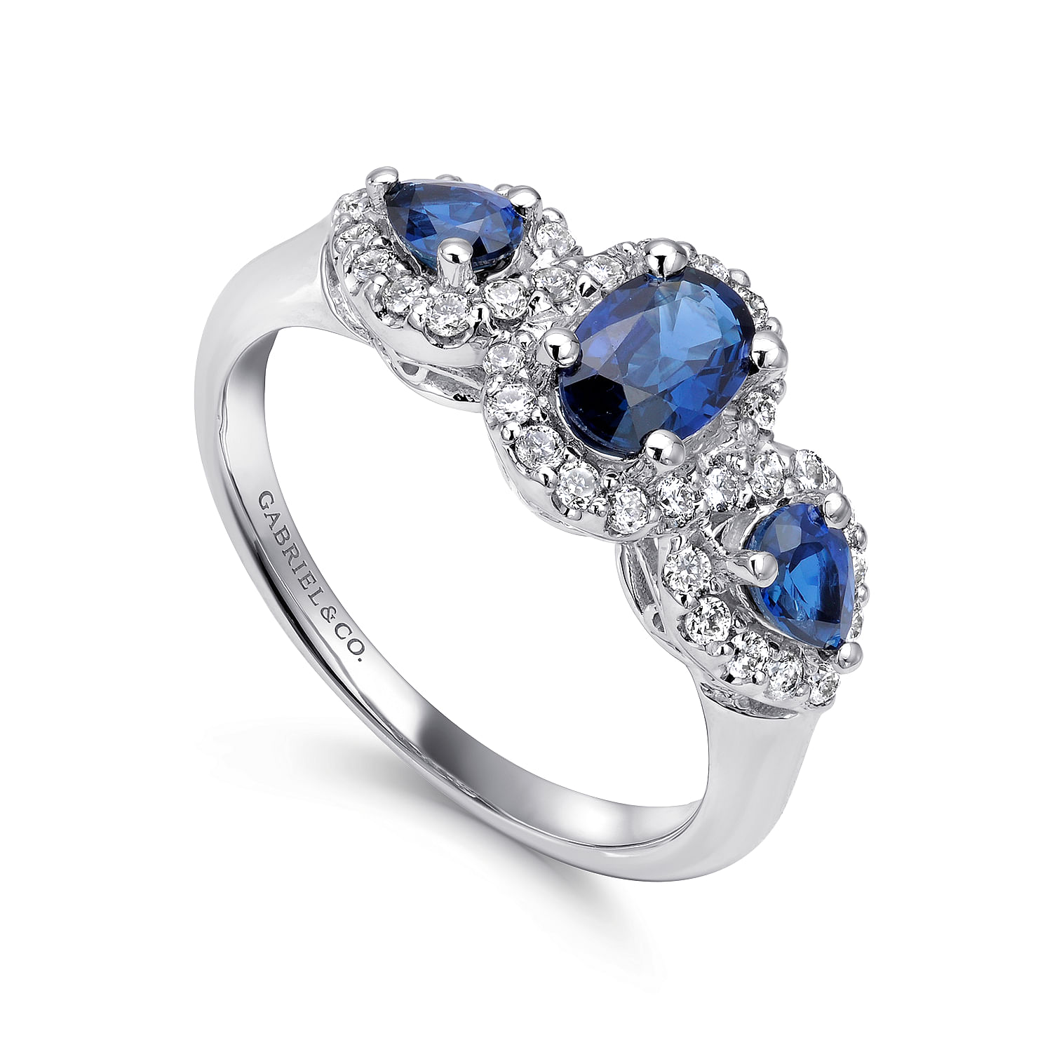 14k White Gold 3 Stone Sapphire and Pavé Diamond Halo Ring