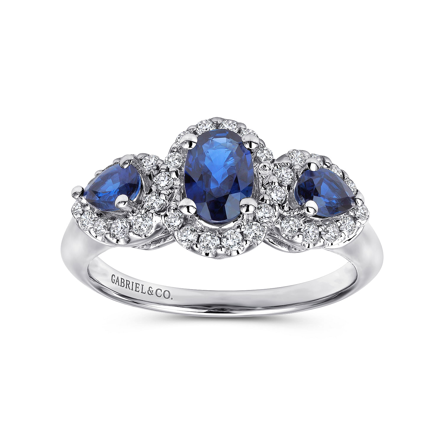 14k White Gold 3 Stone Sapphire and Pavé Diamond Halo Ring