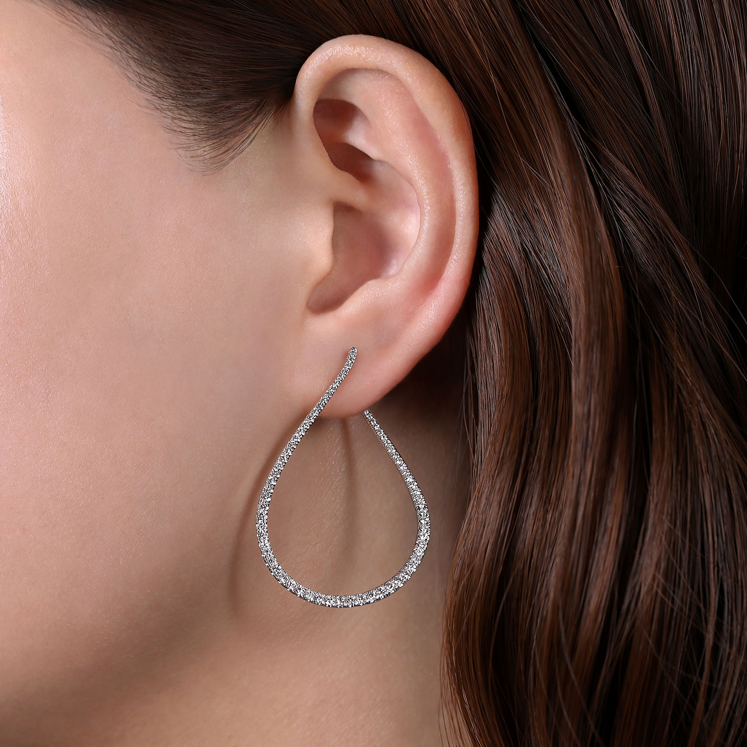 14k White Gold 45mm Intricate Pear Shaped Diamond Hoop Earrings