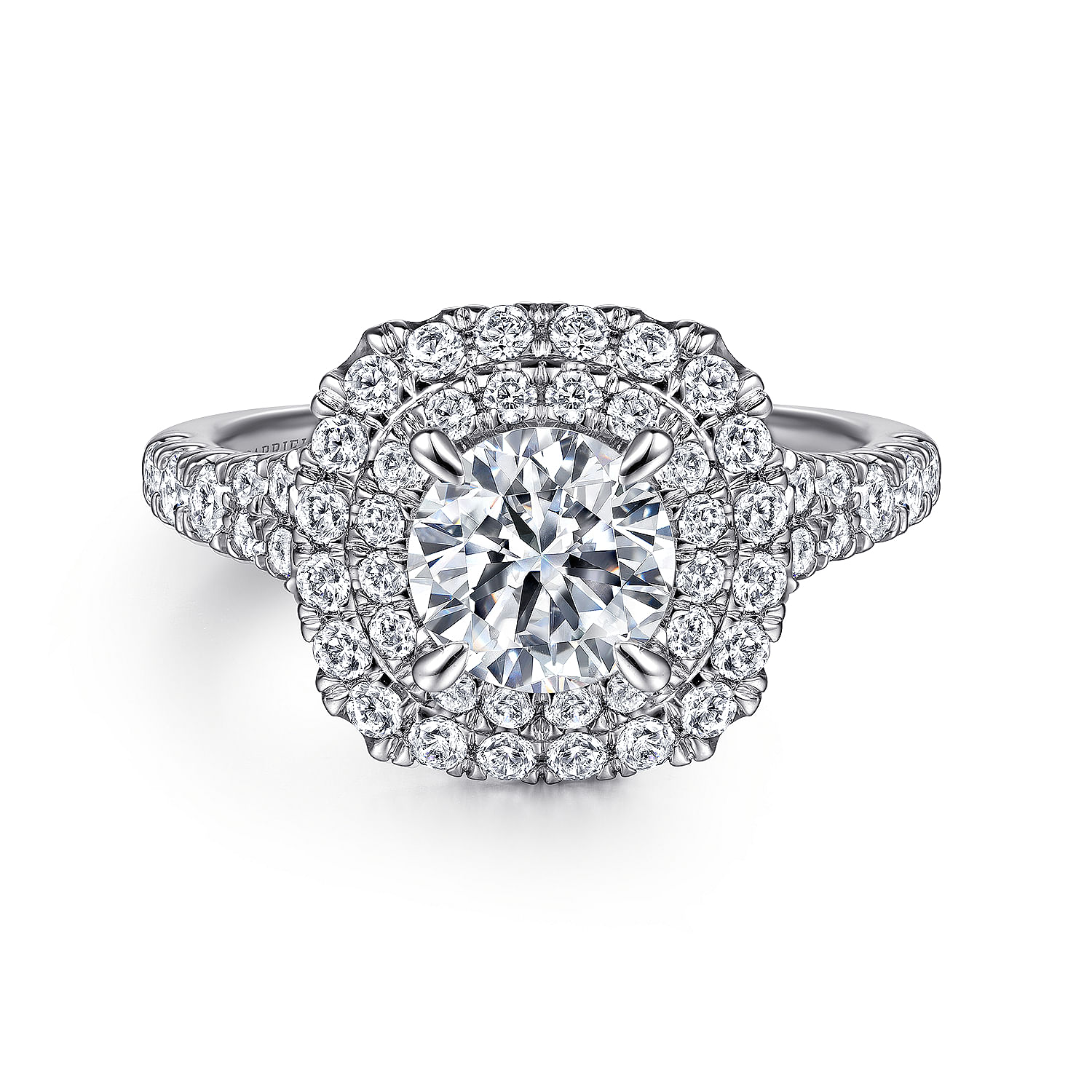14k White Gold Cushion Double Halo Round Diamond Engagement Ring