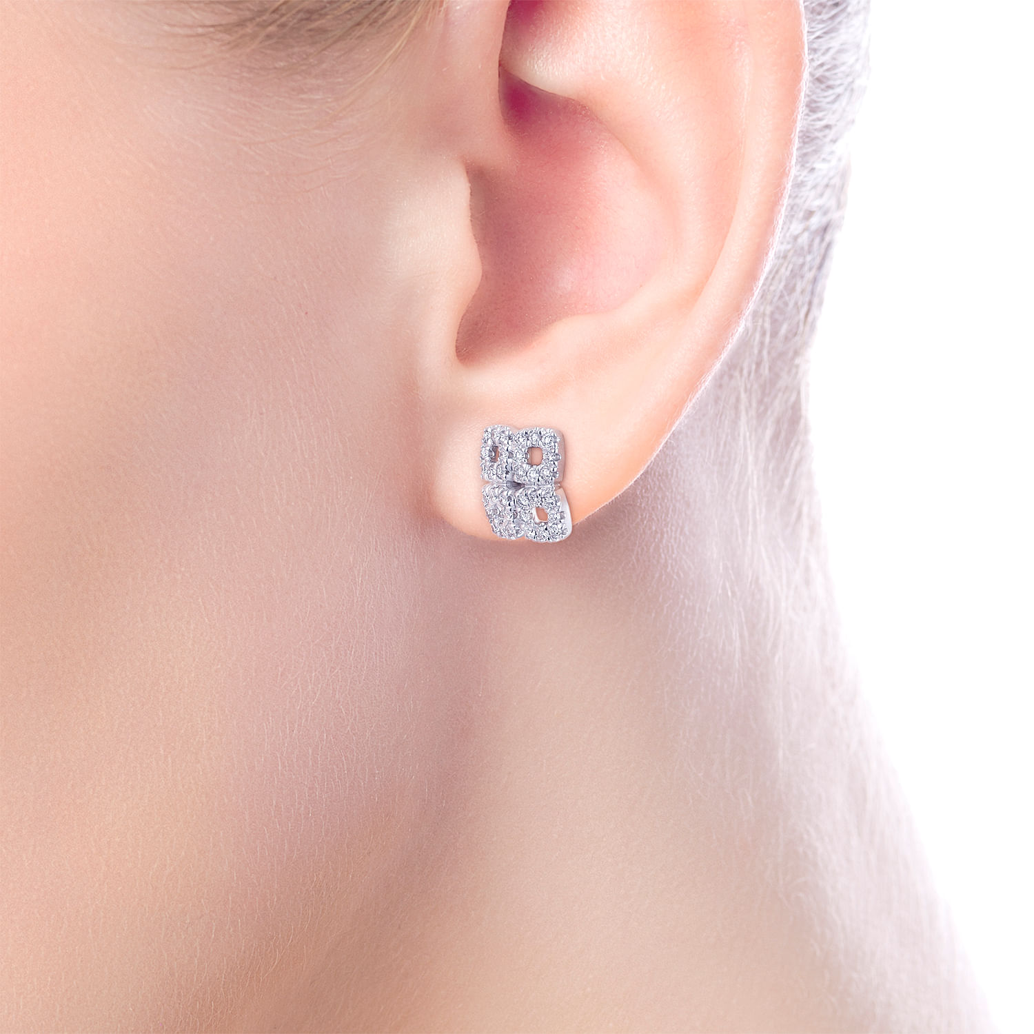 14k White Gold Four Square Pave Diamond Stud Earrings