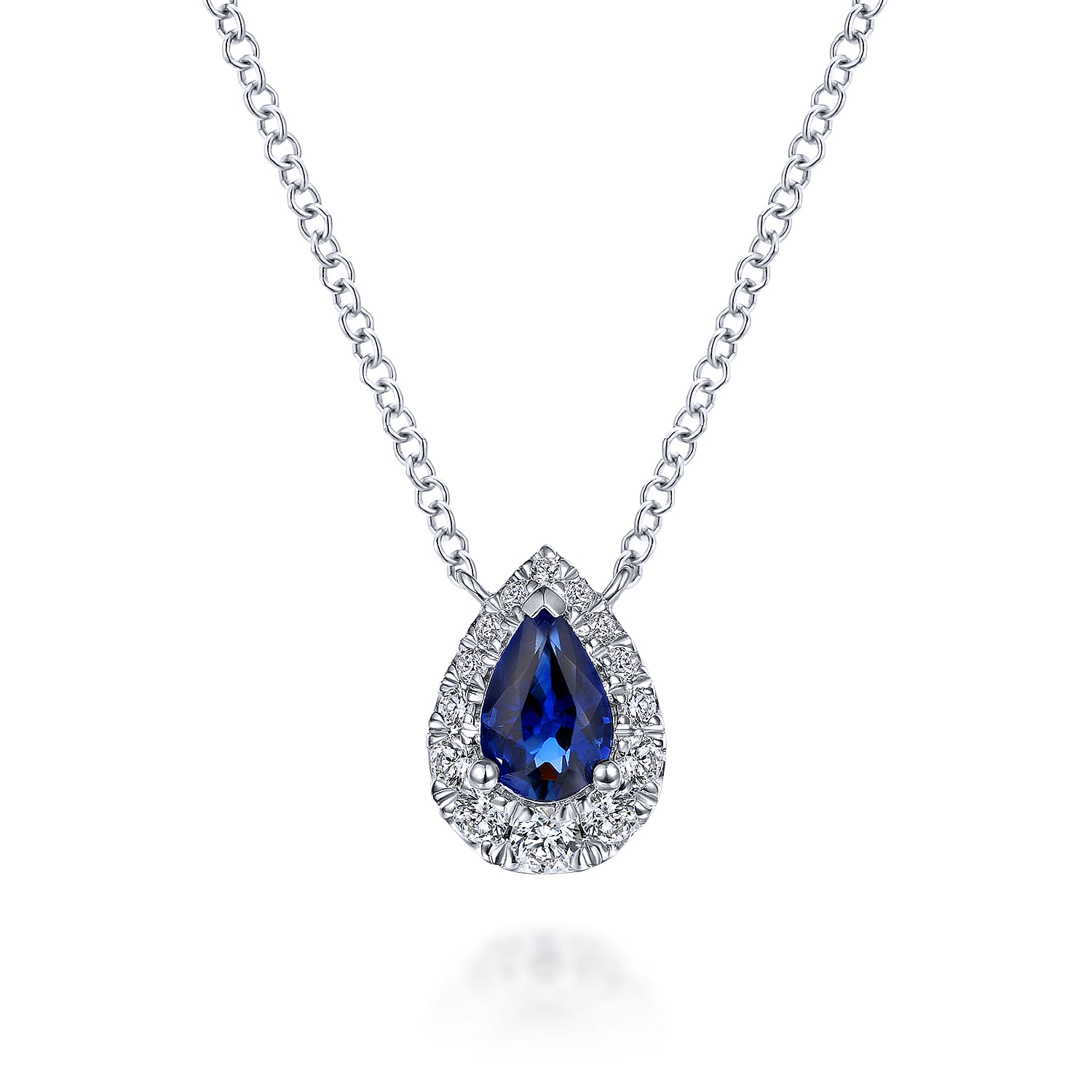 14k White Gold Pear Shaped Sapphire Diamond Halo Pendant Necklace