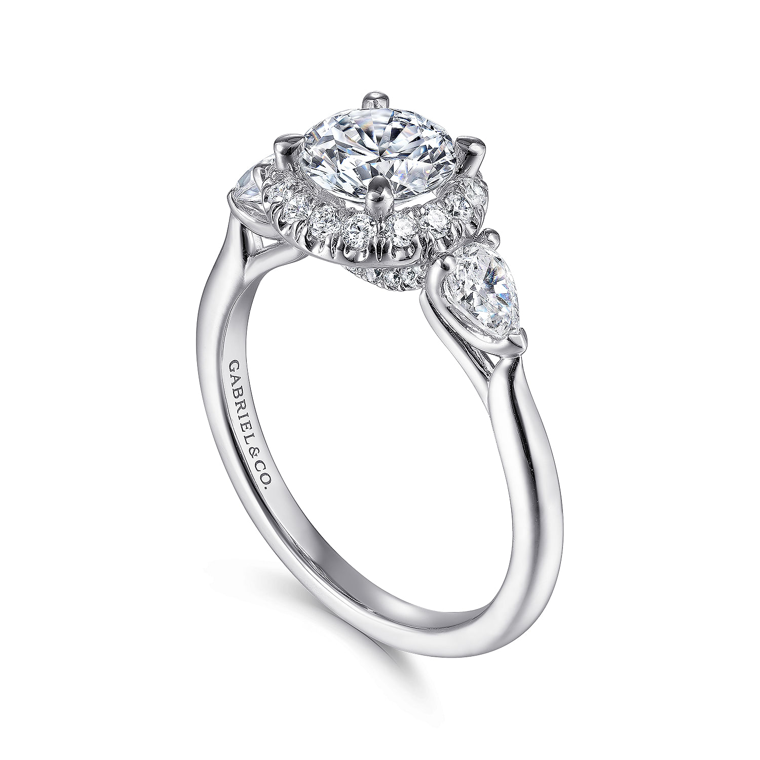 14k White Gold Round Halo Three Stone Diamond Engagement Ring