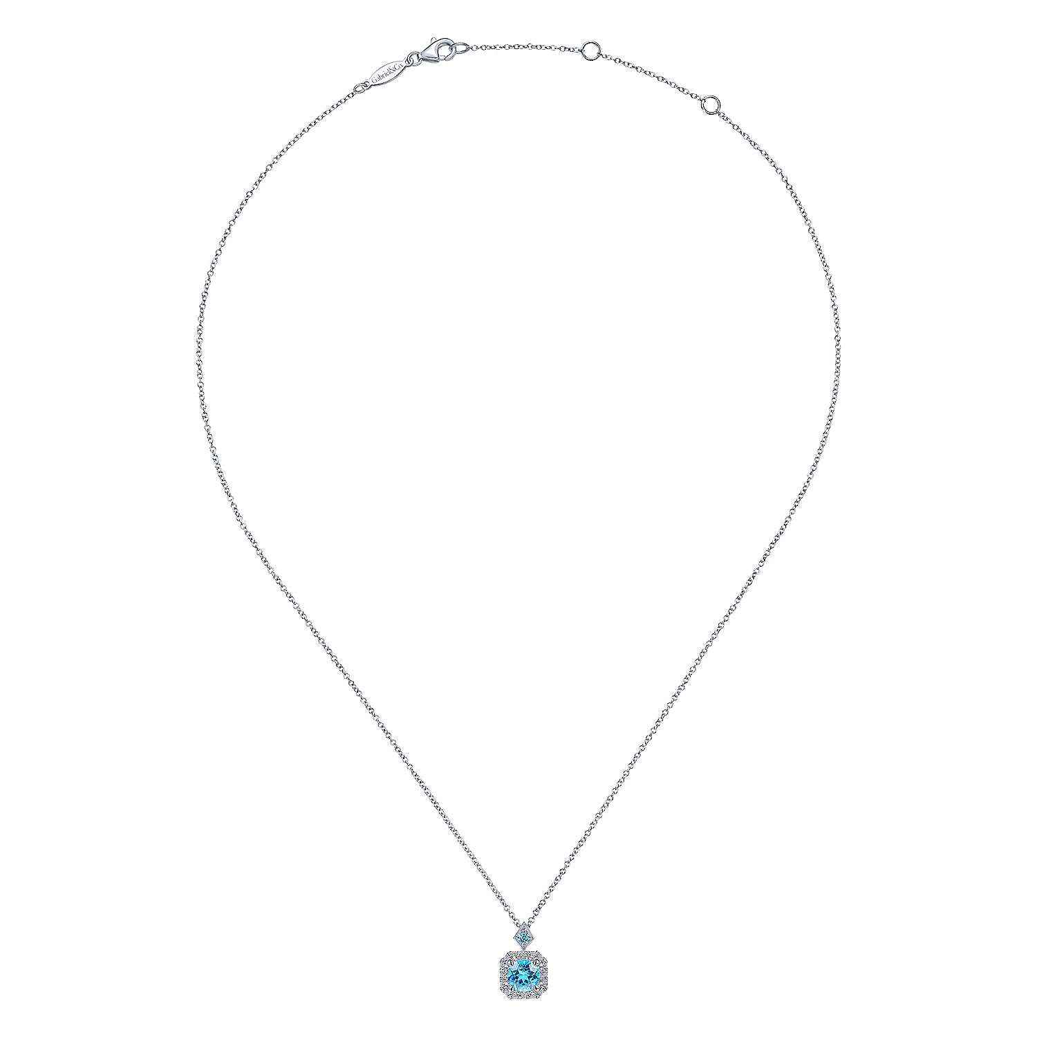 14k White Gold Round Swiss Blue Topaz Diamond Halo Pendant Necklace