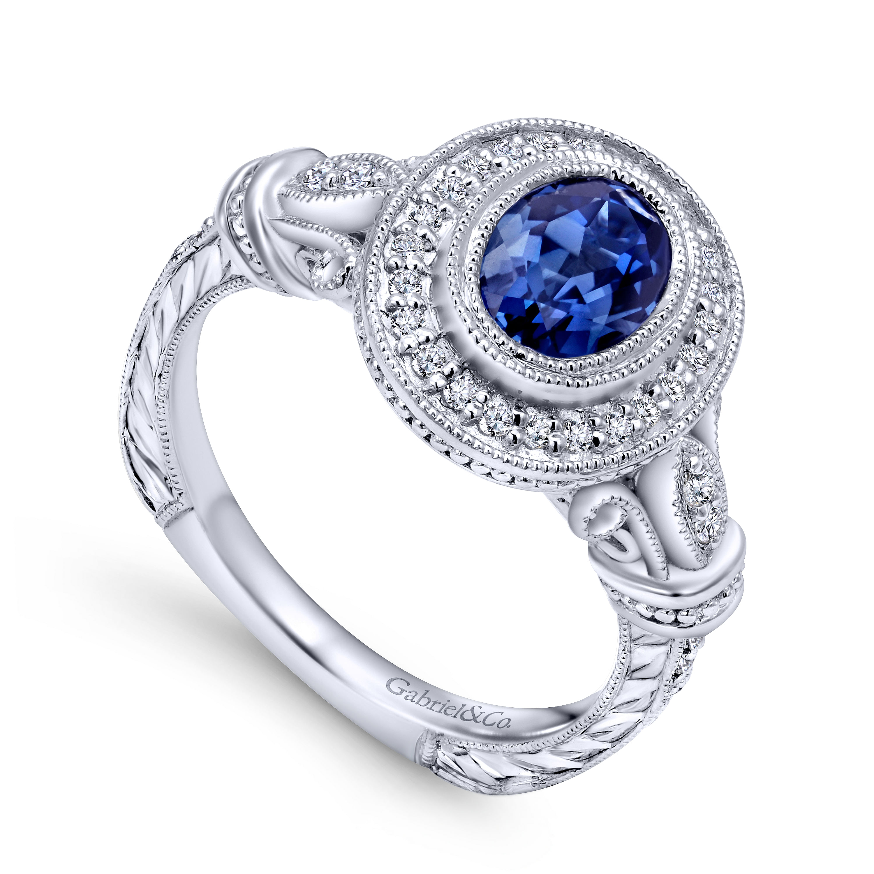 14k White Gold Vintage Inspired Classic Oval Sapphire and Diamond Halo Ring