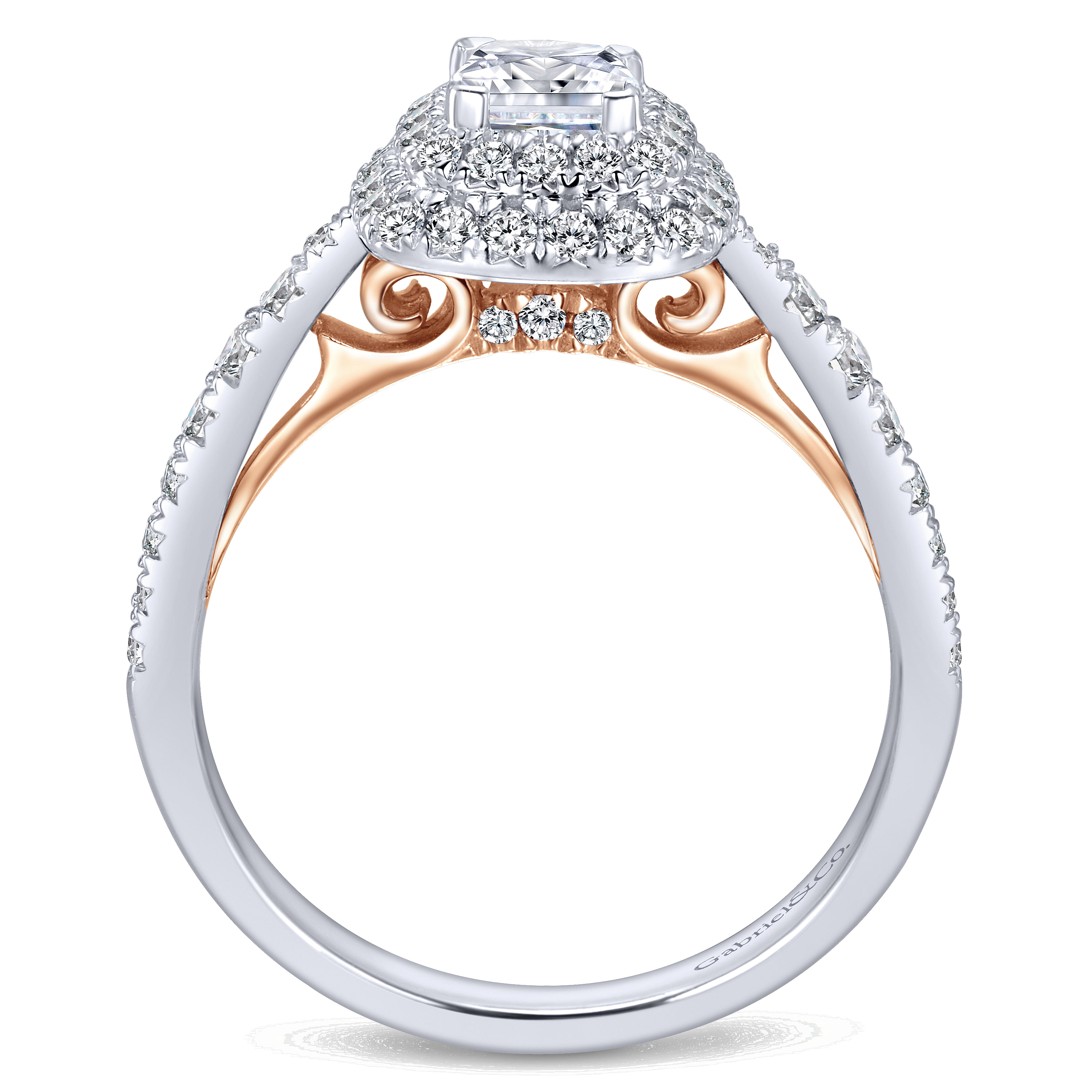 14k White-Rose Gold Cushion Double Halo Complete Diamond Engagement Ring