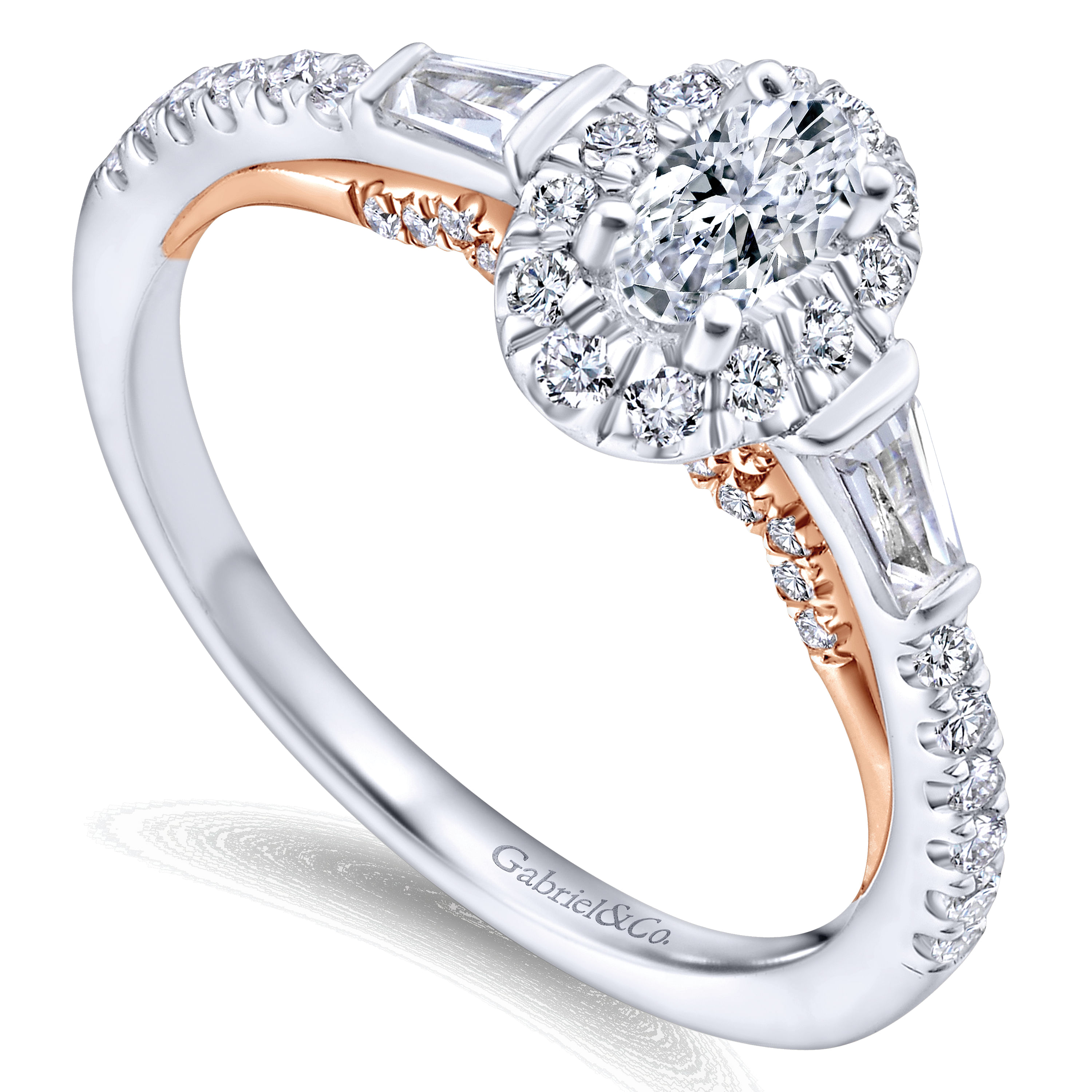 14k White-Rose Gold Oval Halo Three Stone Complete Diamond Engagement Ring