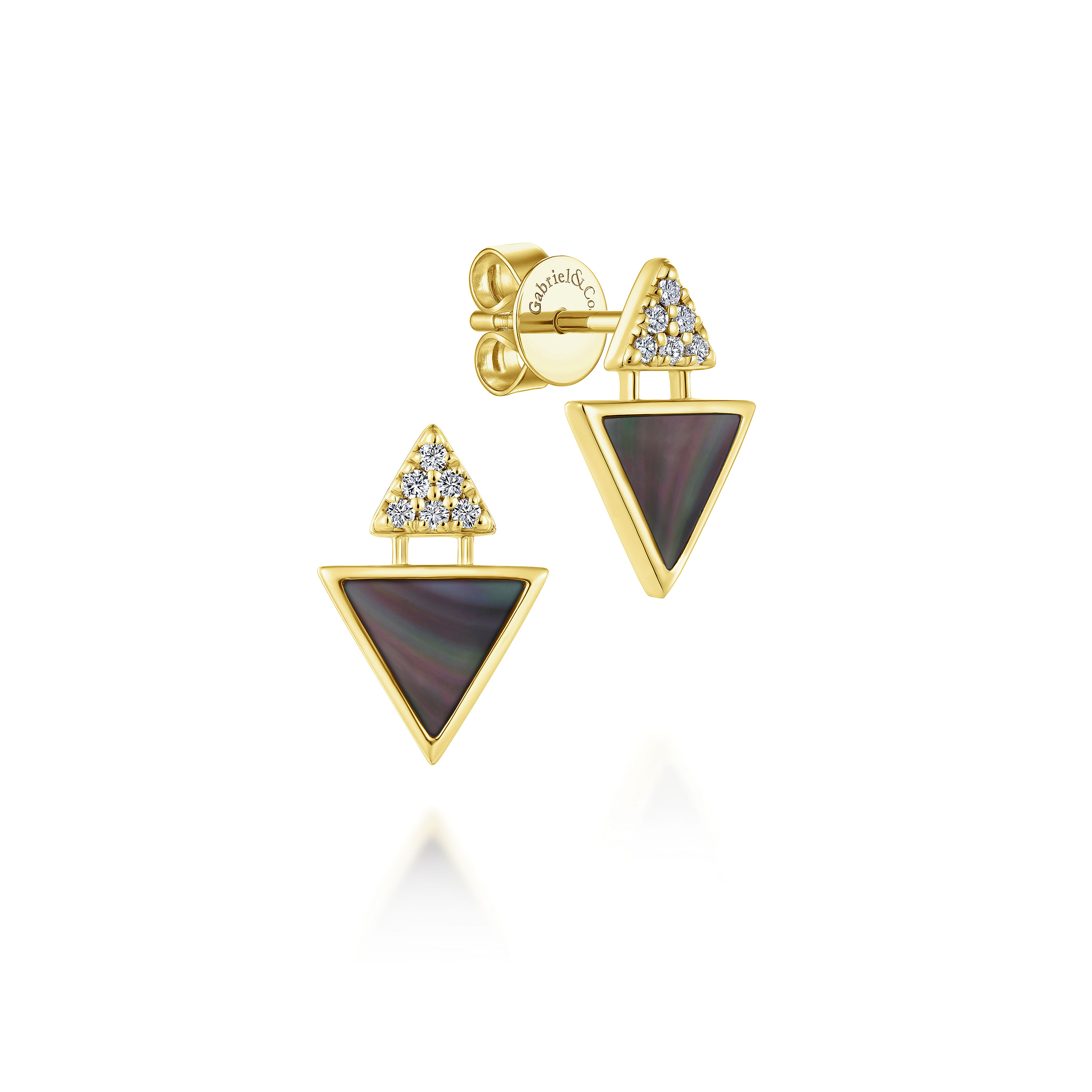14k Yellow Gold Black Mother Of Pearl Double Triangle Stud Earrings