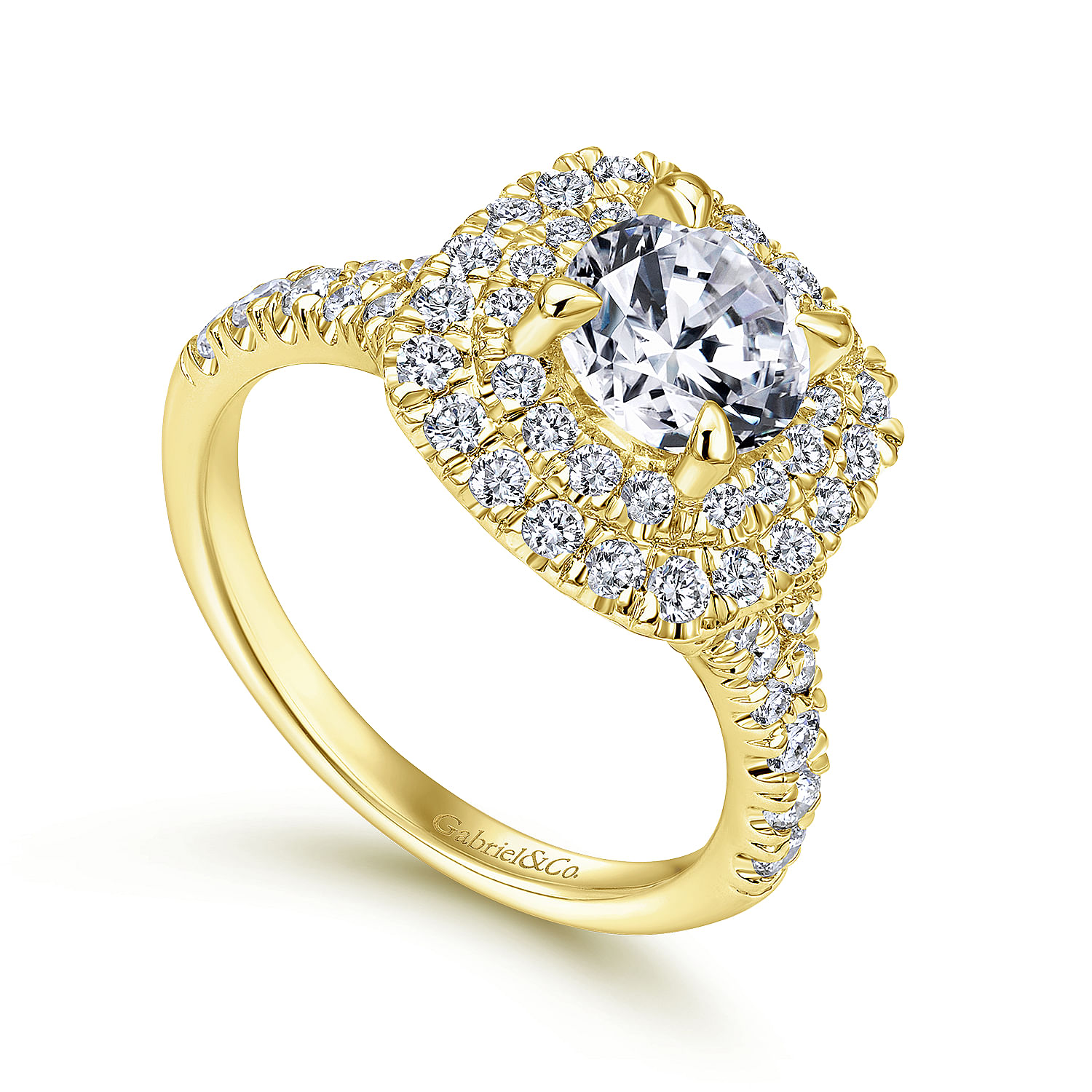 14k Yellow Gold Cushion Double Halo Round Diamond Engagement Ring