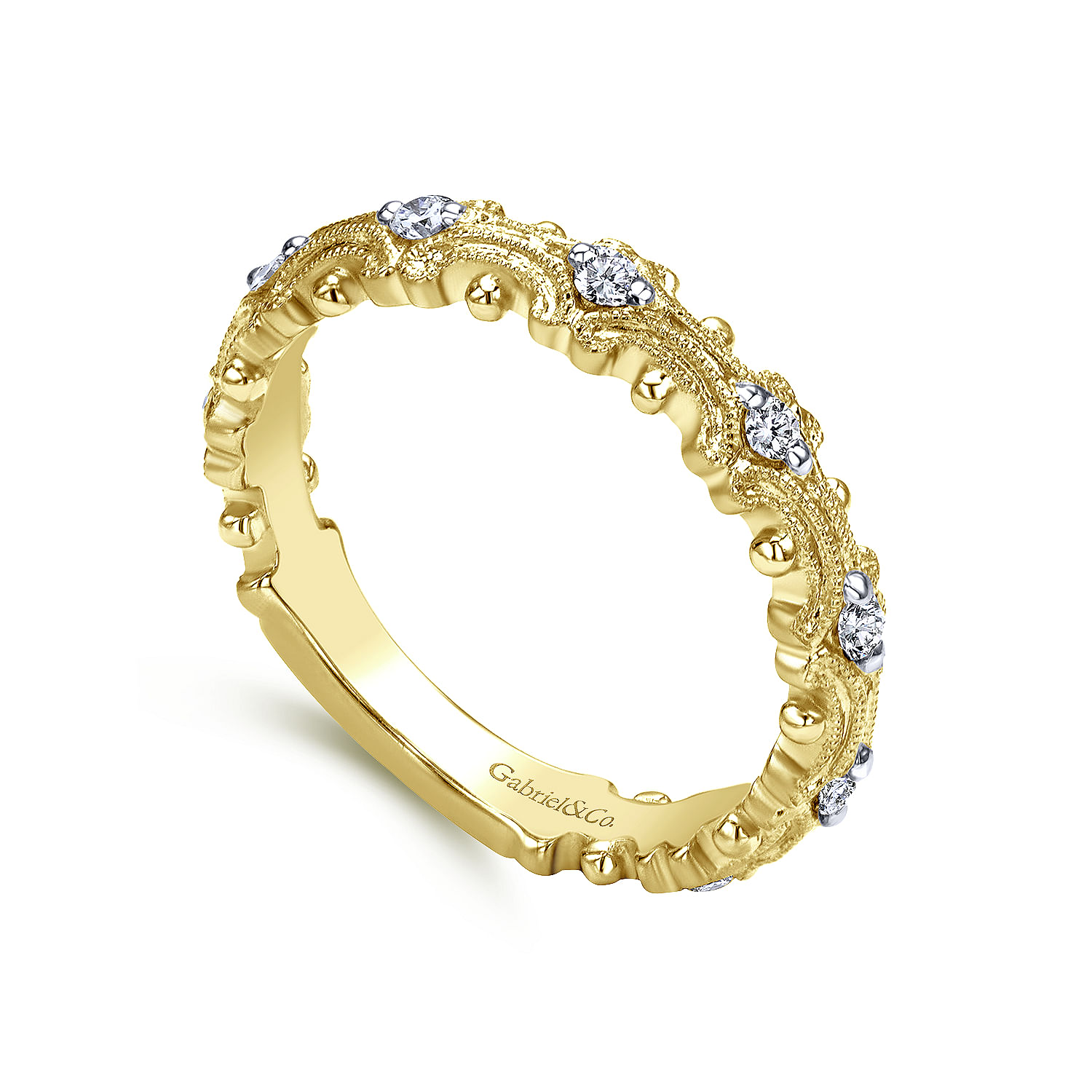 14k Yellow Gold Ornate Contoured Stackable Diamond Ring