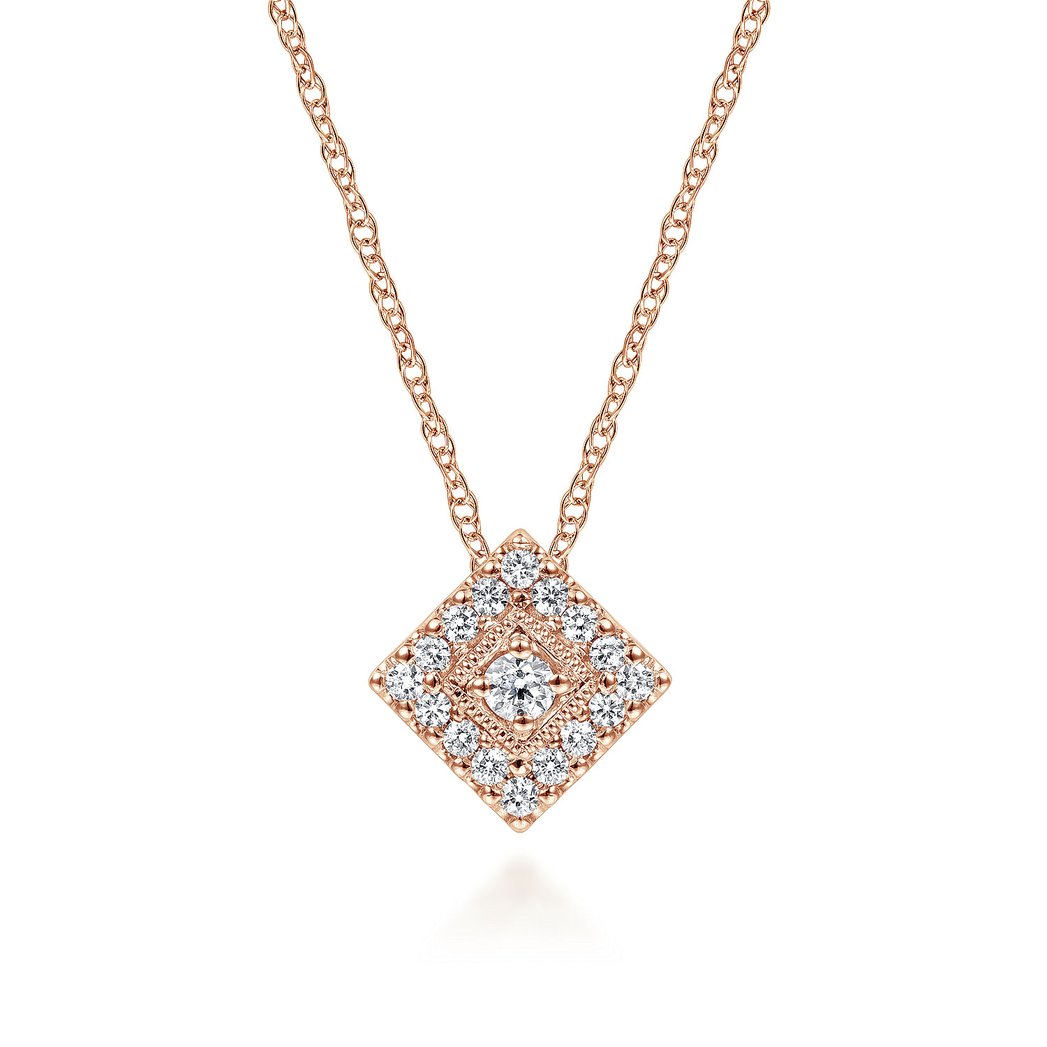 18 inch 14K Rose Gold Diamond Square Pendant Necklace