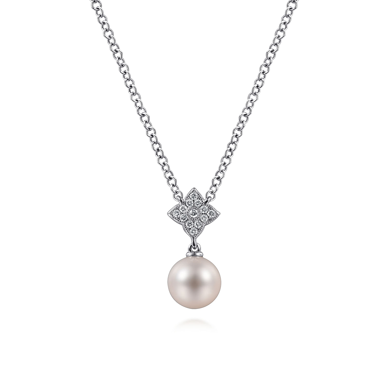 18 inch 14K White Gold Cultured Pearl and Floral Diamond Pendant Necklace
