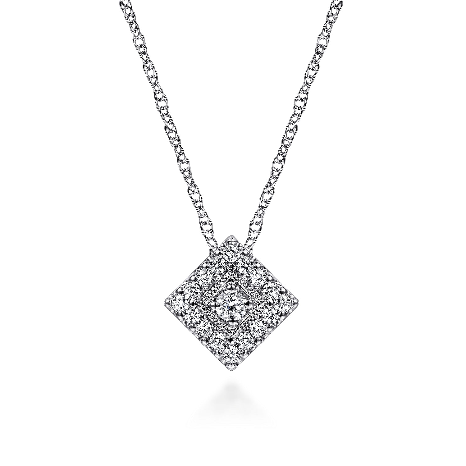 18 inch 14K White Gold Diamond Square Pendant Necklace