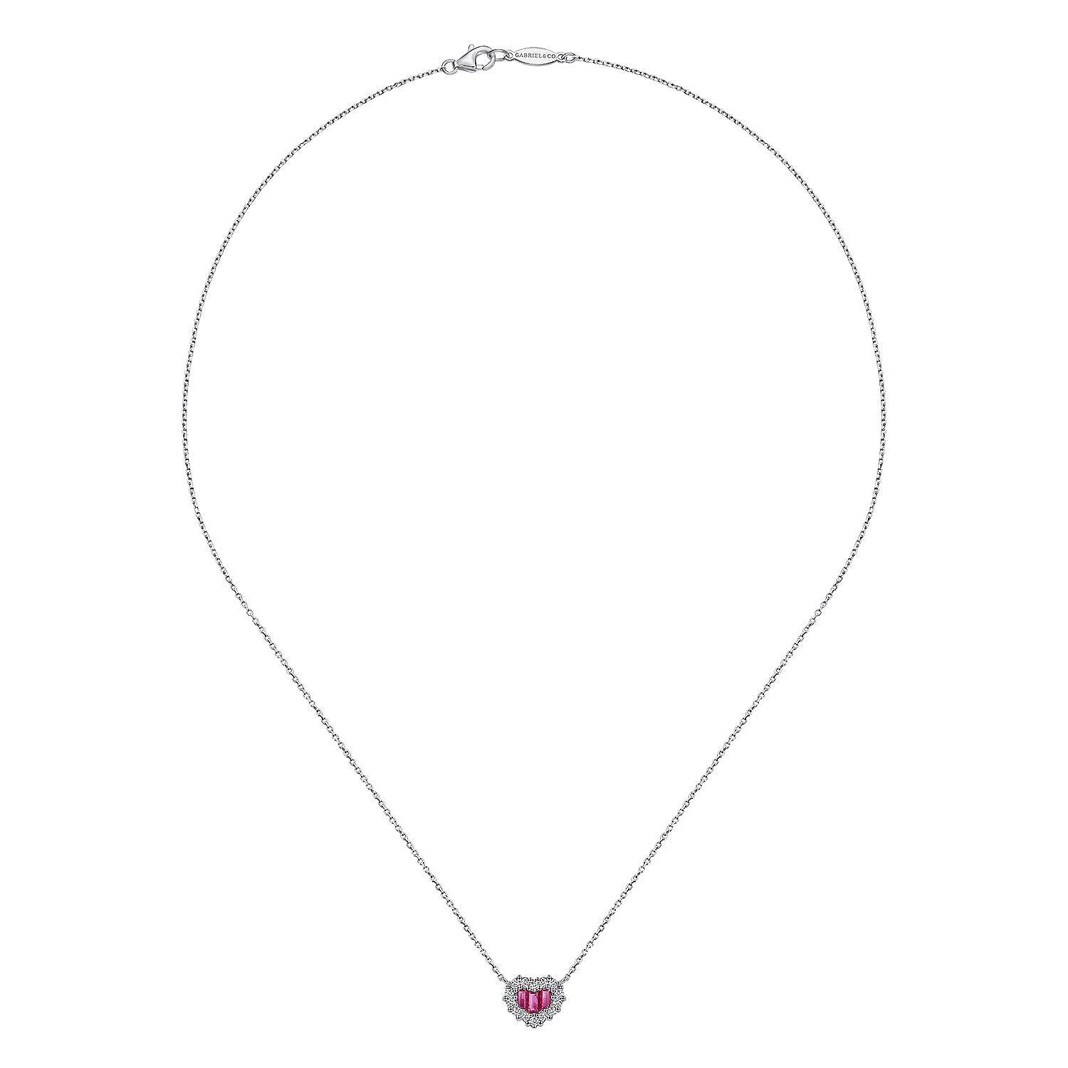 18 inch 14K White Gold Heart Ruby and Diamond Heart Pendant Necklace
