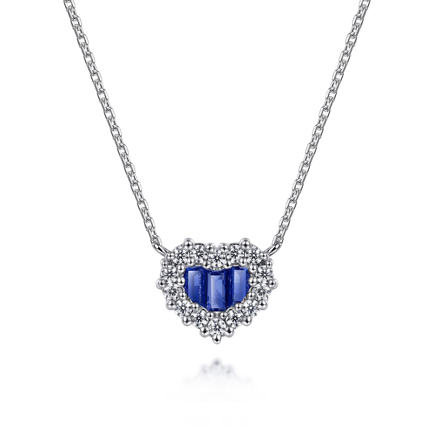 18 inch 14K White Gold Heart Sapphire and Diamond Pendant Necklace