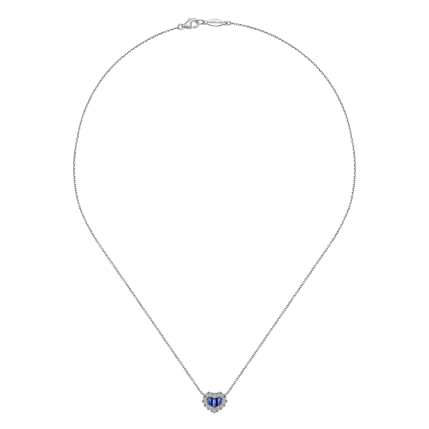18 inch 14K White Gold Heart Sapphire and Diamond Pendant Necklace
