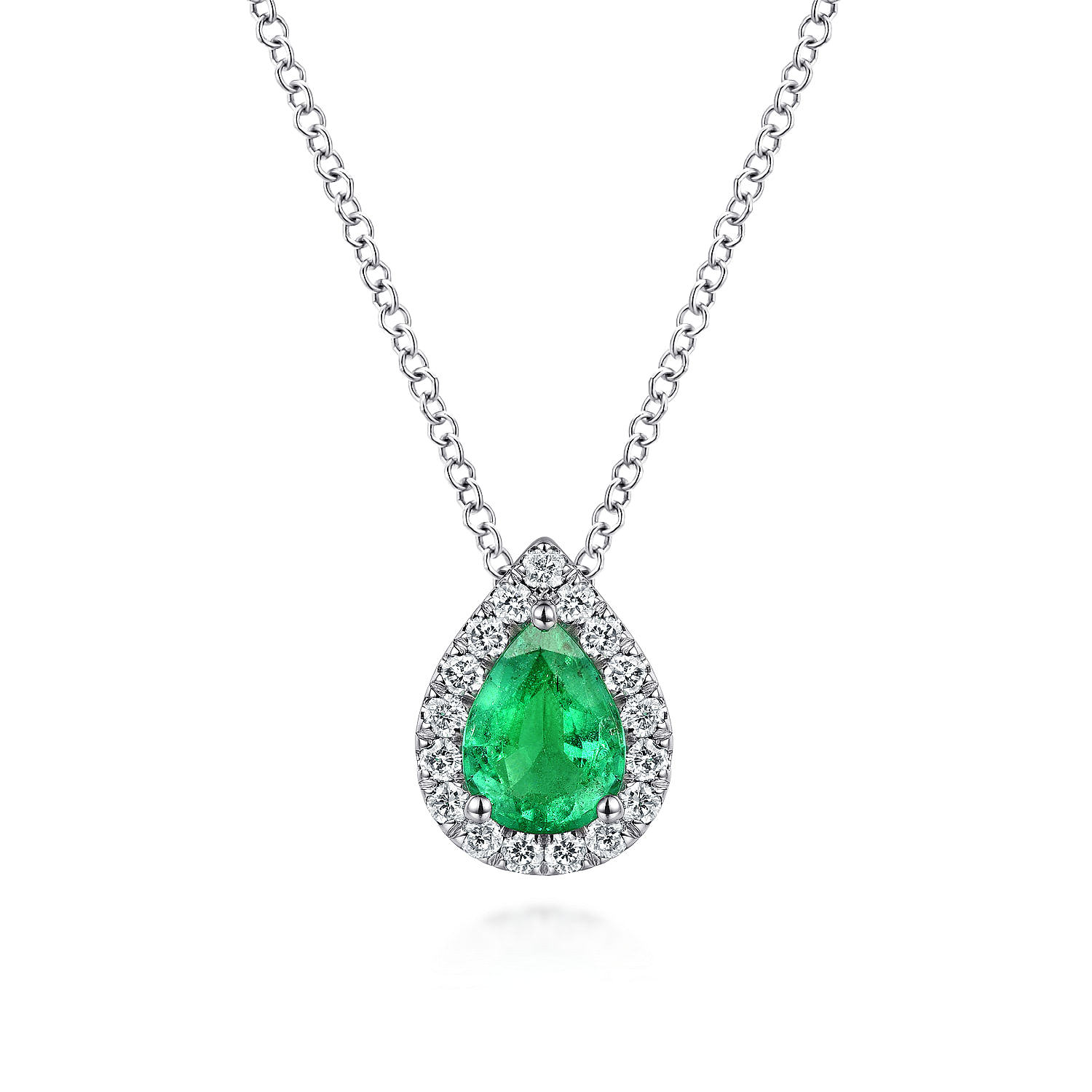 18 inch 14K White Gold Pear Shaped Emerald and Diamond Halo Pendant Necklace